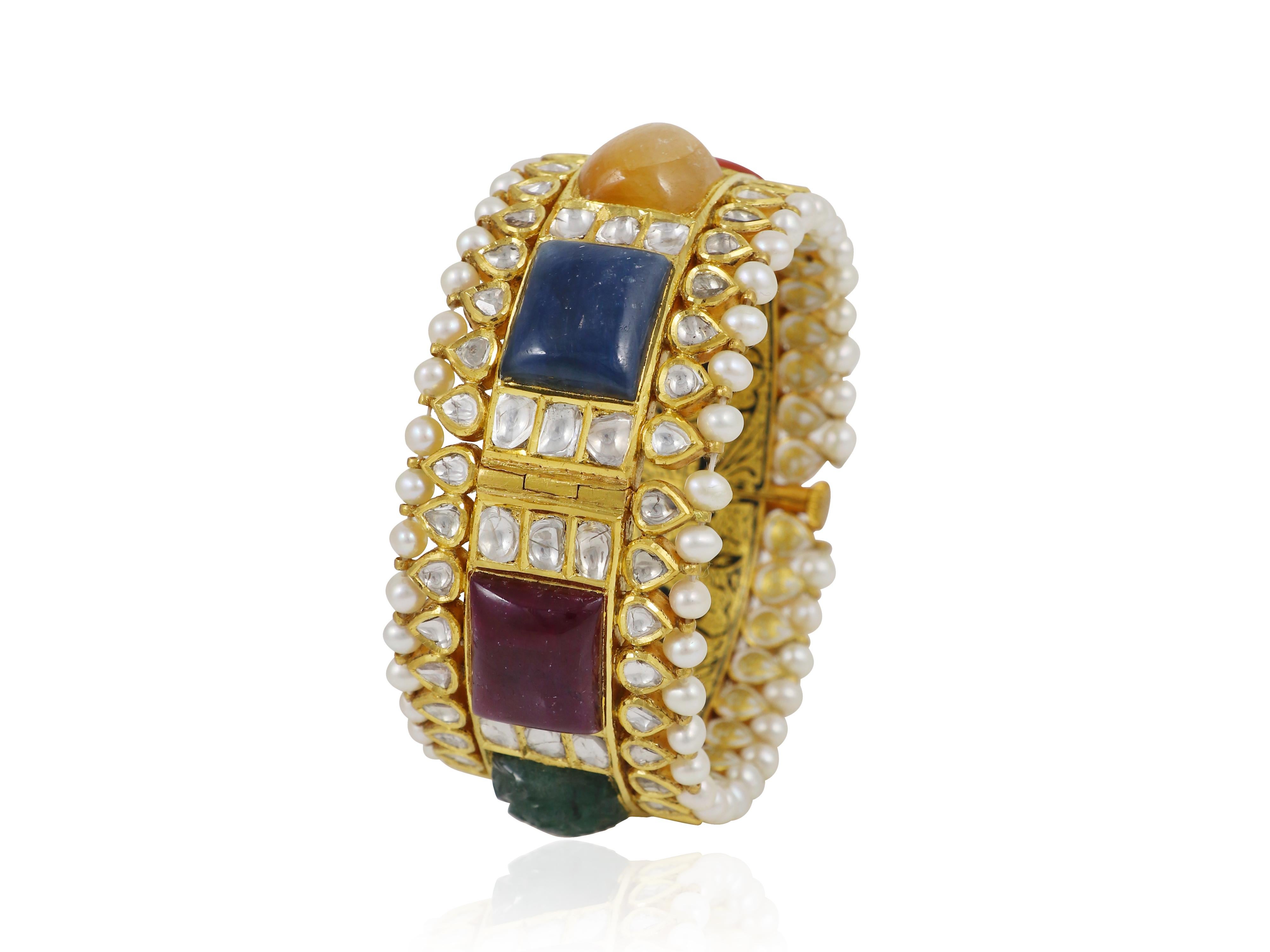 22K gold nine precious gemstone Navratna bangle with diamond polkis For Sale 1