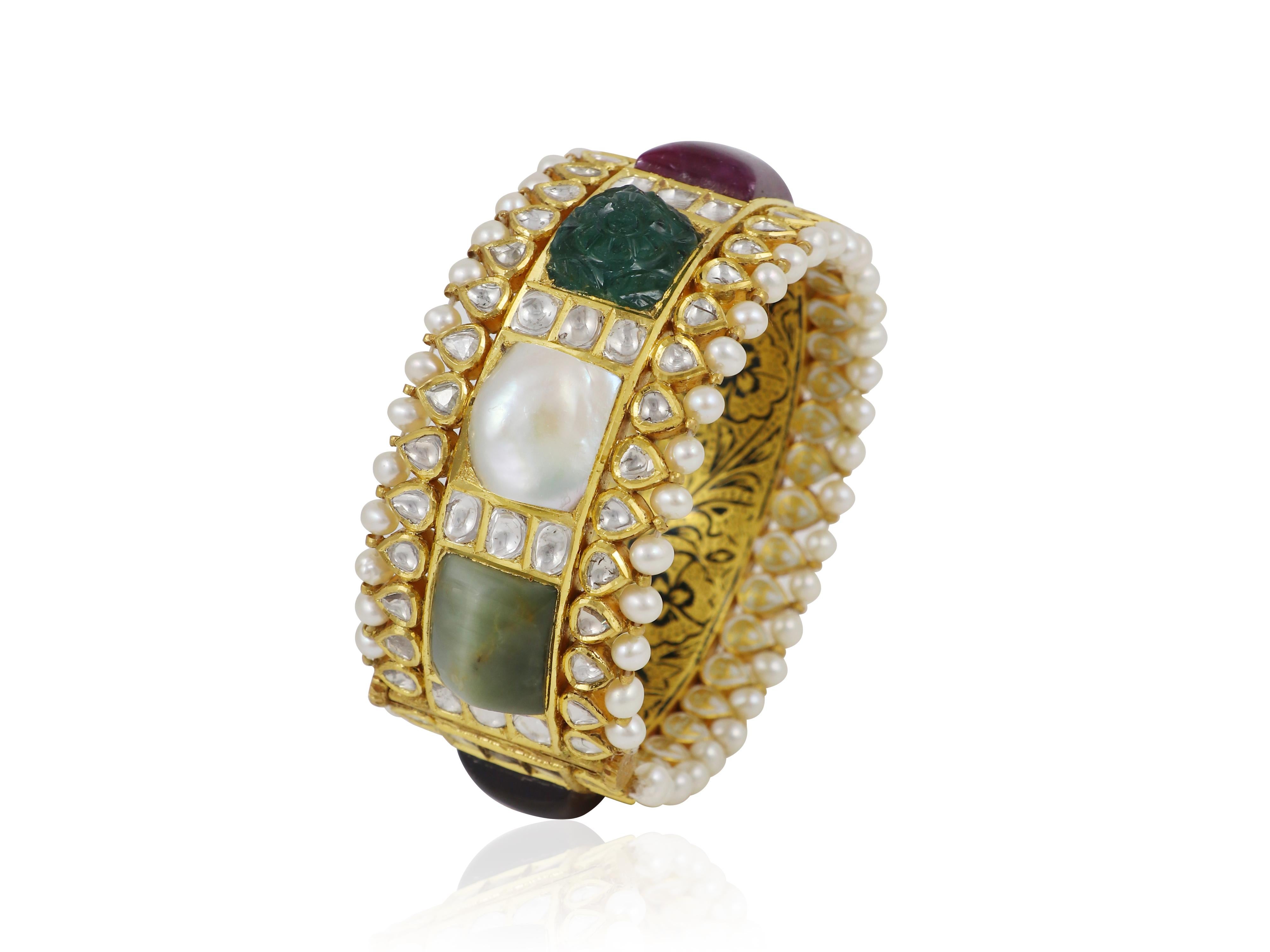 22K gold nine precious gemstone Navratna bangle with diamond polkis For Sale 2