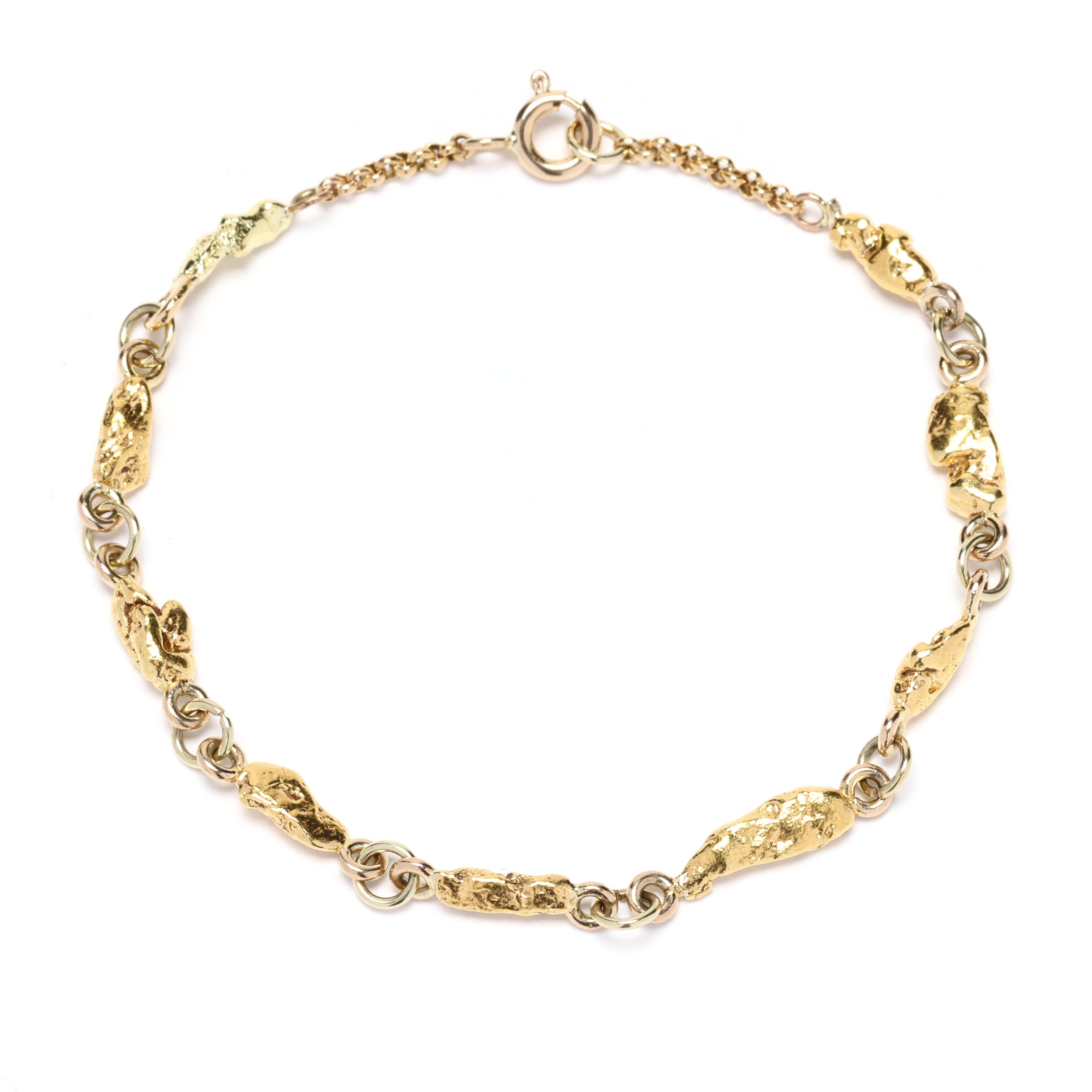 Women's 22k Gold Nugget Bracelet, 18k Yellow Gold Chain, Length 7 Inches, Stackable For Sale