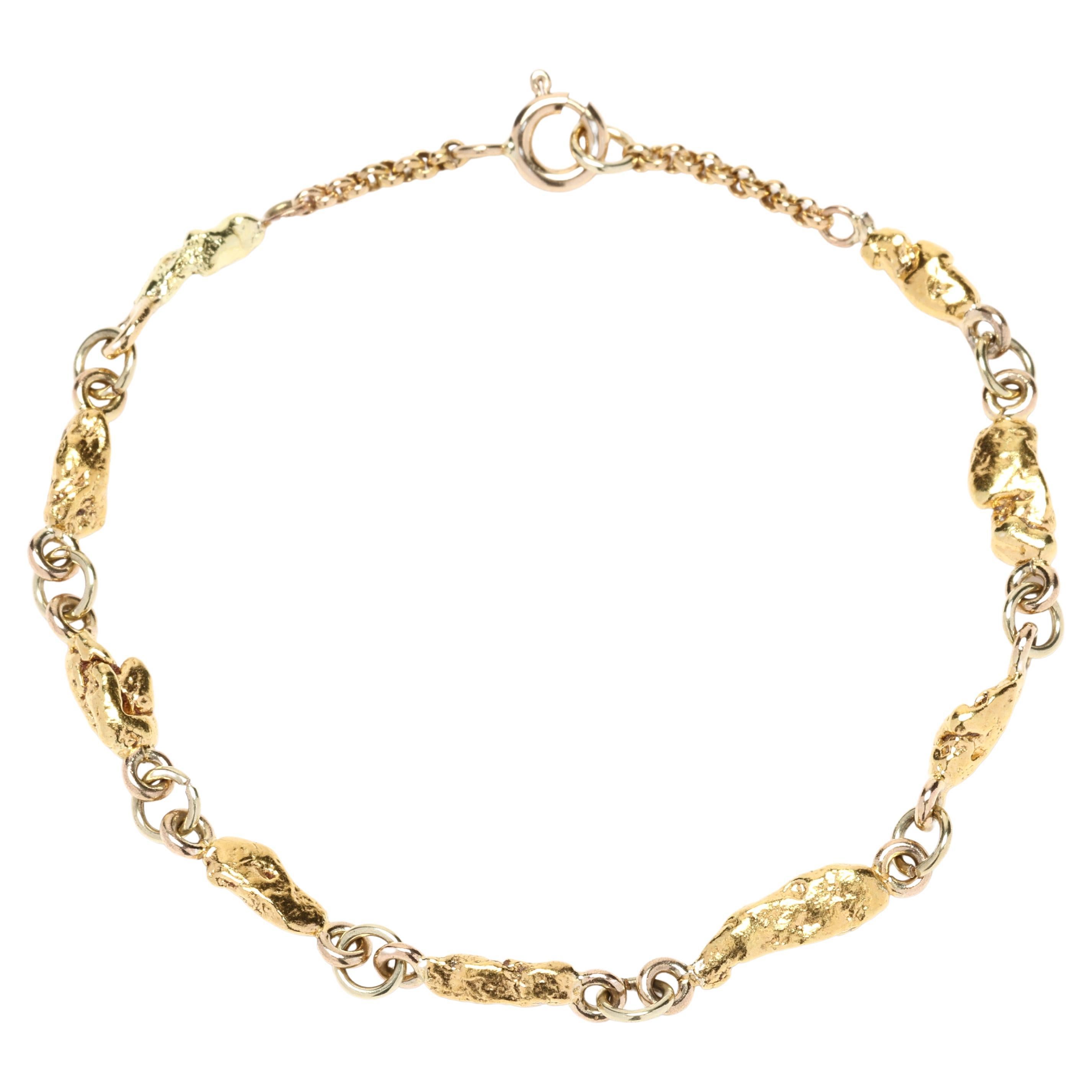 22k Gold Nugget Bracelet, 18k Yellow Gold Chain, Length 7 Inches, Stackable For Sale