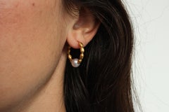 22K Gold Nugget & Pink Cultured Pearl Hoop Earrings Handmade by Bracken Jewelers