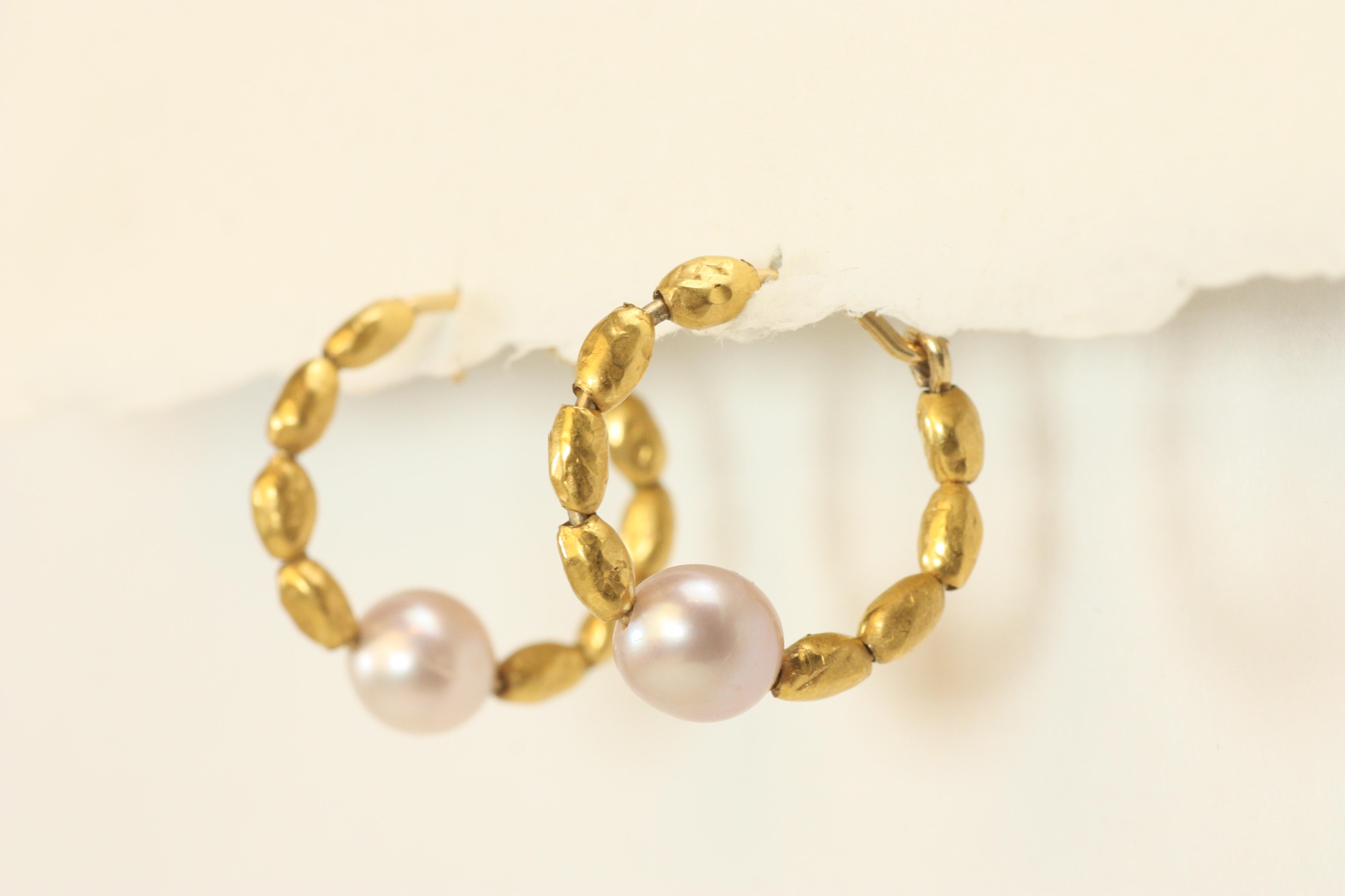 Round Cut 22K Gold Nugget & Pink Cultured Pearl Hoop Earrings Handmade by Bracken Jewelers For Sale