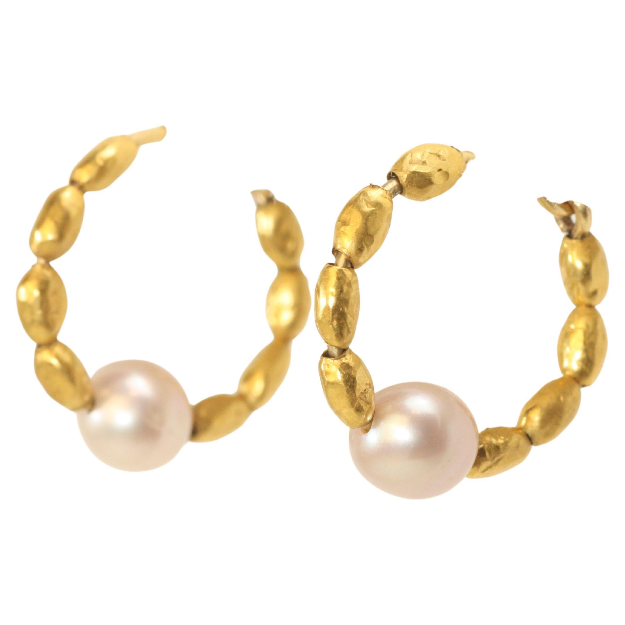 22K Gold Nugget & Pink Cultured Pearl Hoop Earrings Handmade by Bracken Jewelers