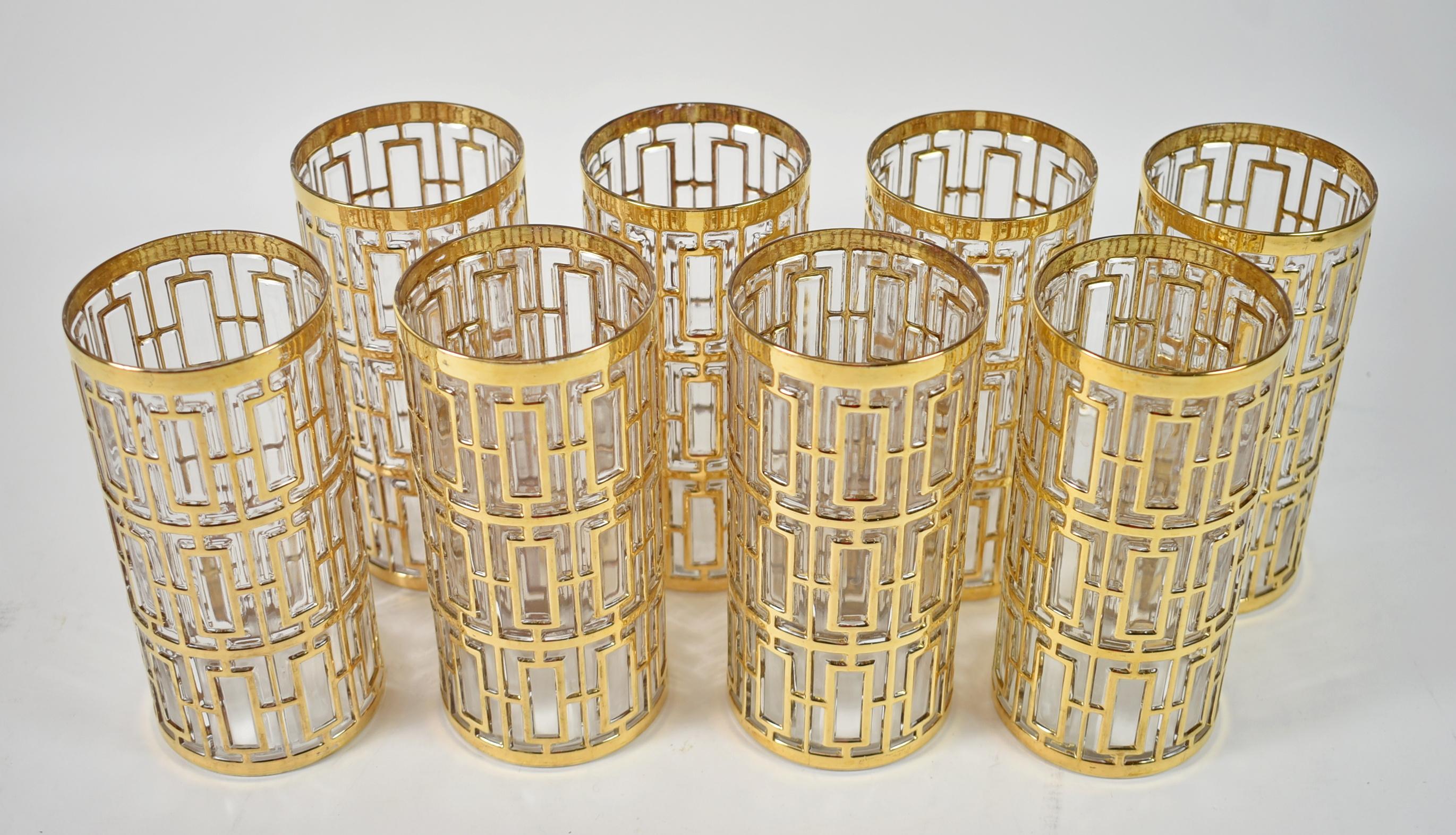 22K Gold Overlay Imperial Glass Shoji Pattern Highball/Tall Barware Glasses. Elegant Vintage Imperial Glass highball/tall glasses have the iconic and collected 22K gold overlay over glass called the Shoji or Greek Key. These are from the 60's and