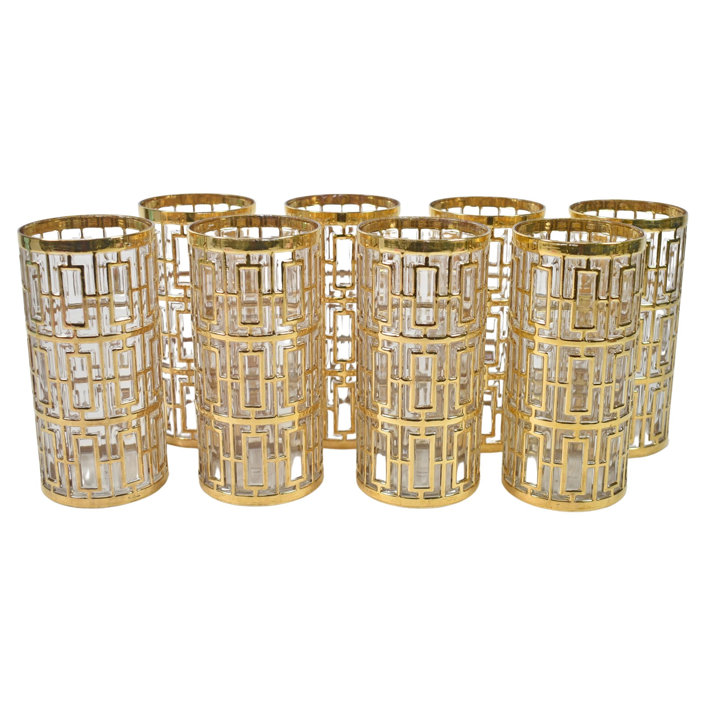 22K Gold Overlay Imperial Glass Shoji Highball/Tall Barware Glasses For Sale