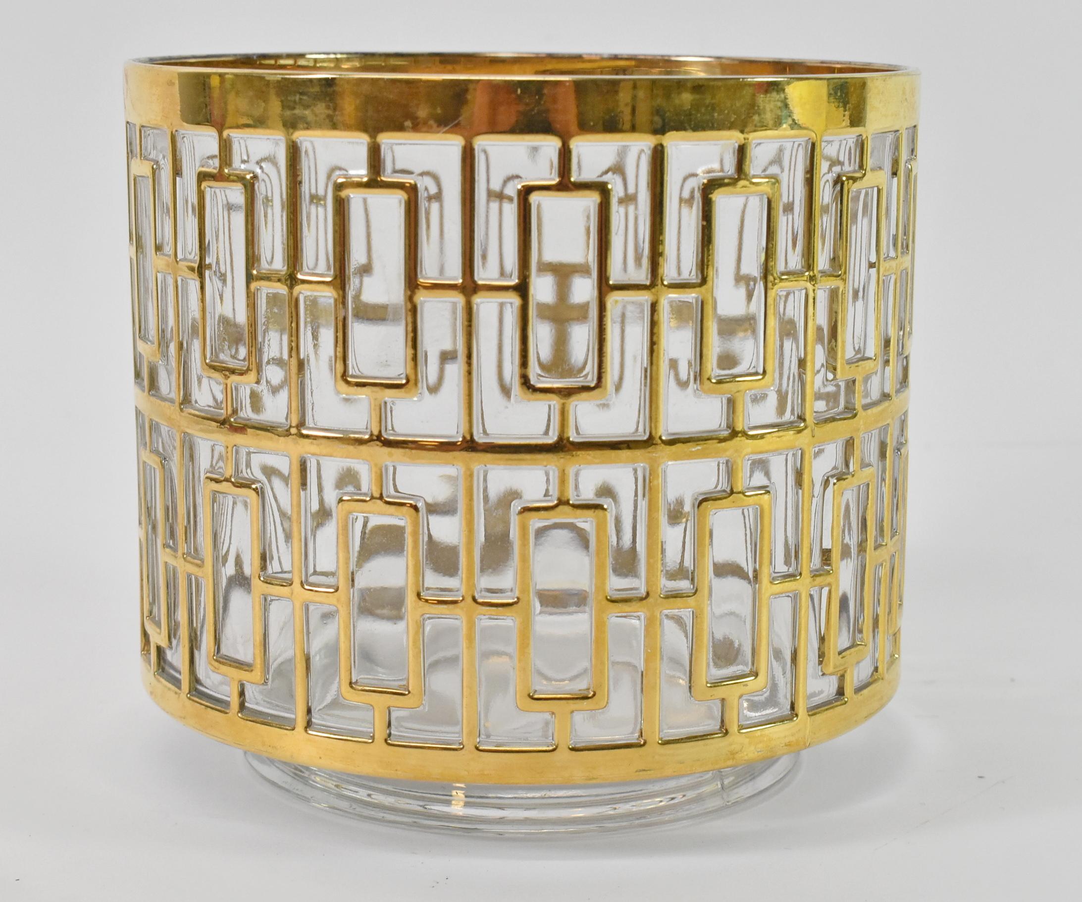 22K gold overlay Imperial Glass Shoji screen ice bucket barware. Elegant vintage imperial glass ice bucket have the iconic and collected 22K gold overlay over glass called the Shoji or Greek key. Circa 1960's and have the IG marking on the bottom.