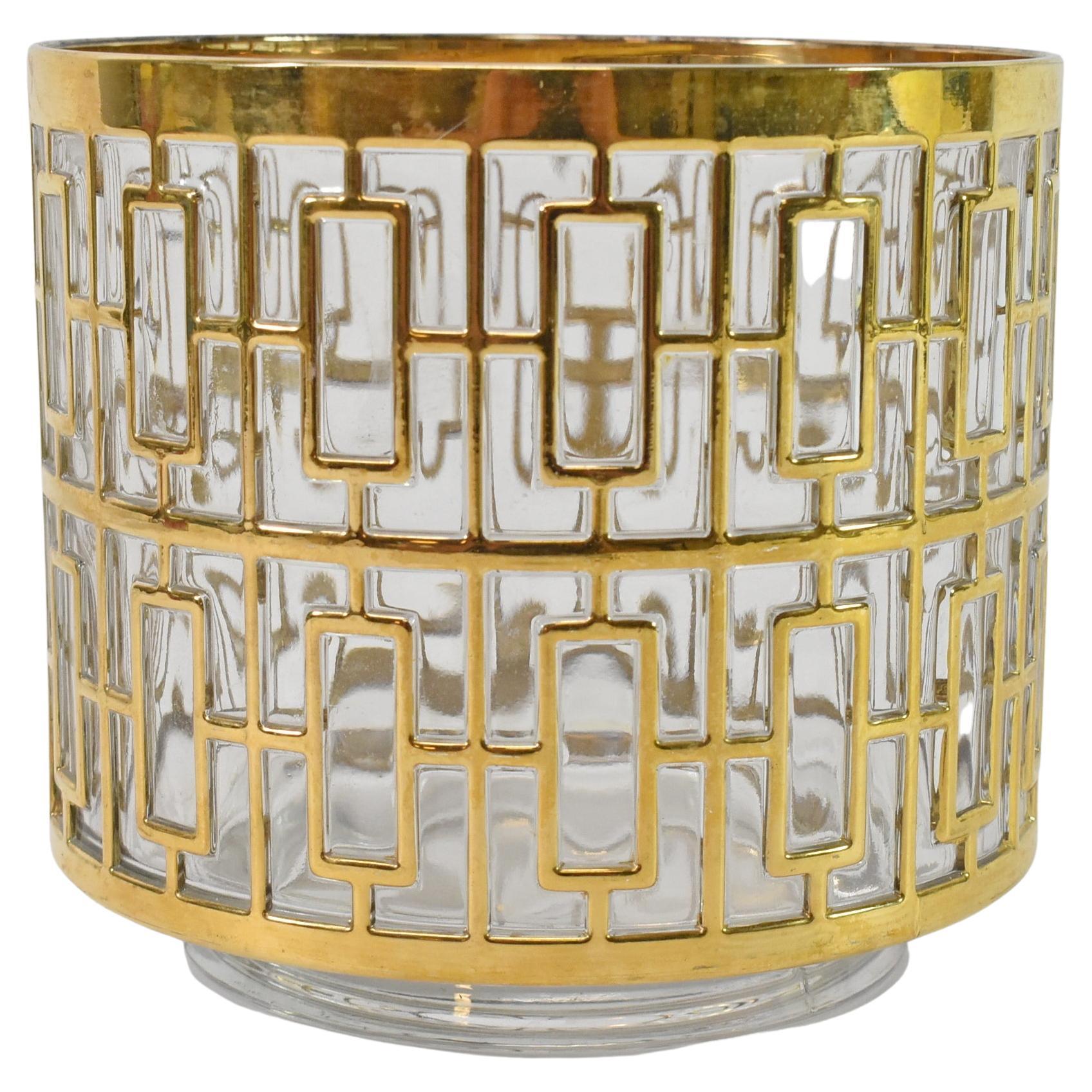 22K Gold Overlay Imperial Glass Shoji Screen Ice Bucket Barware