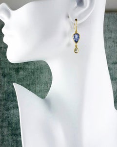 Margery Hirschey 22k Gold Pastel Blue Beryl and Rose Cut Diamond Drop Earrings