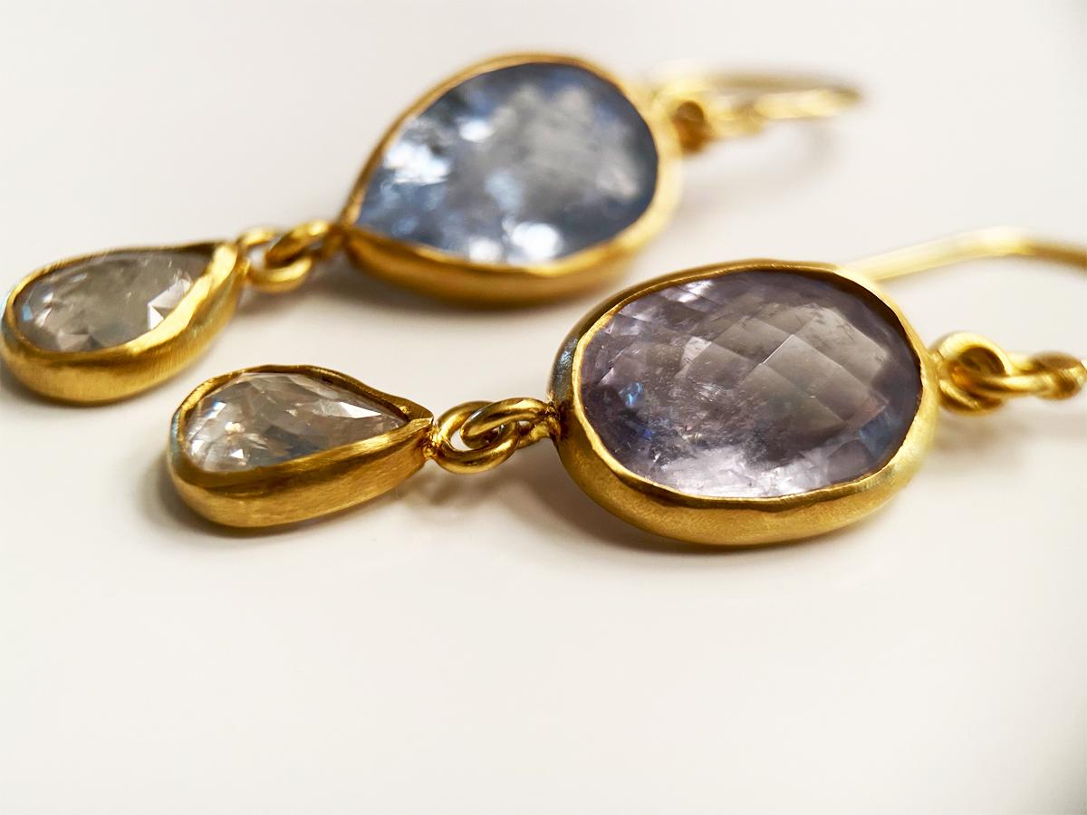 Artist Margery Hirschey 22k Gold Pastel Blue Beryl and Rose Cut Diamond Drop Earrings For Sale