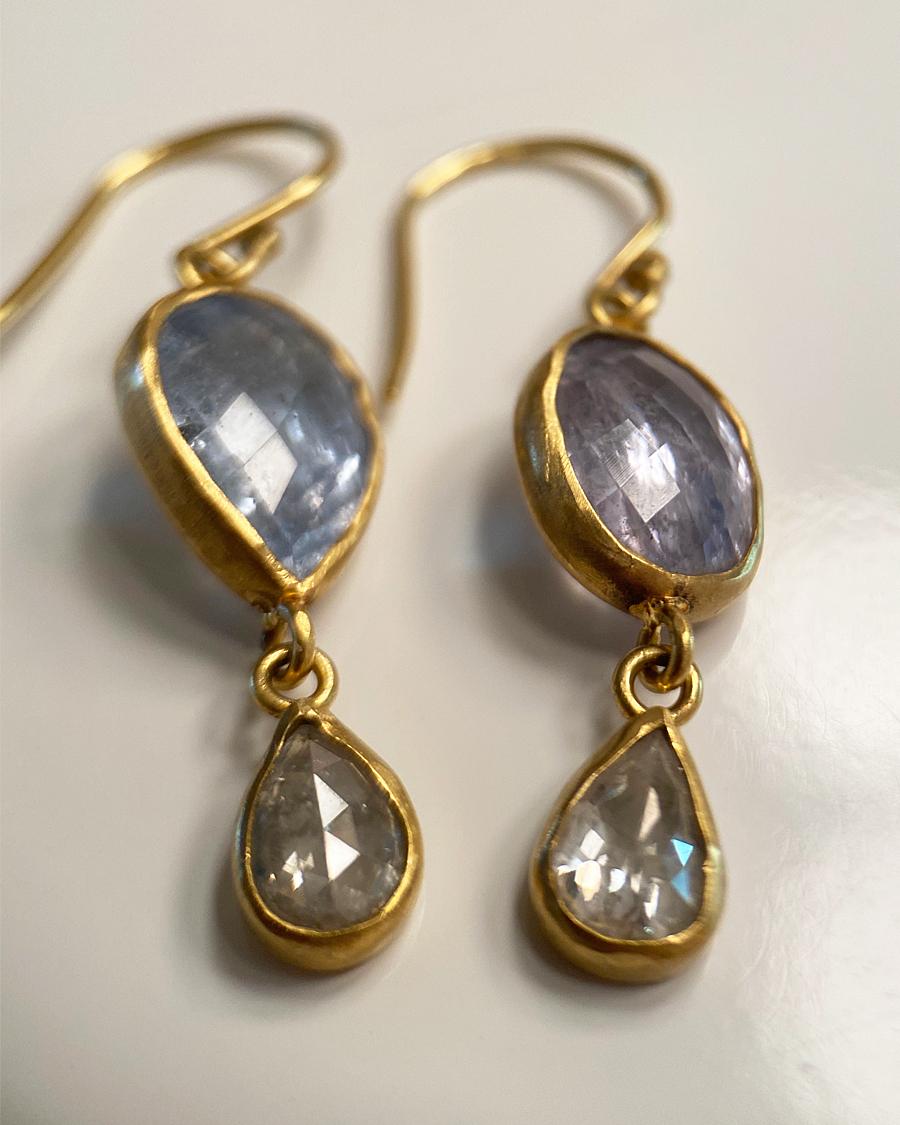 Margery Hirschey 22k Gold Pastel Blue Beryl and Rose Cut Diamond Drop Earrings In New Condition For Sale In Boulder, CO