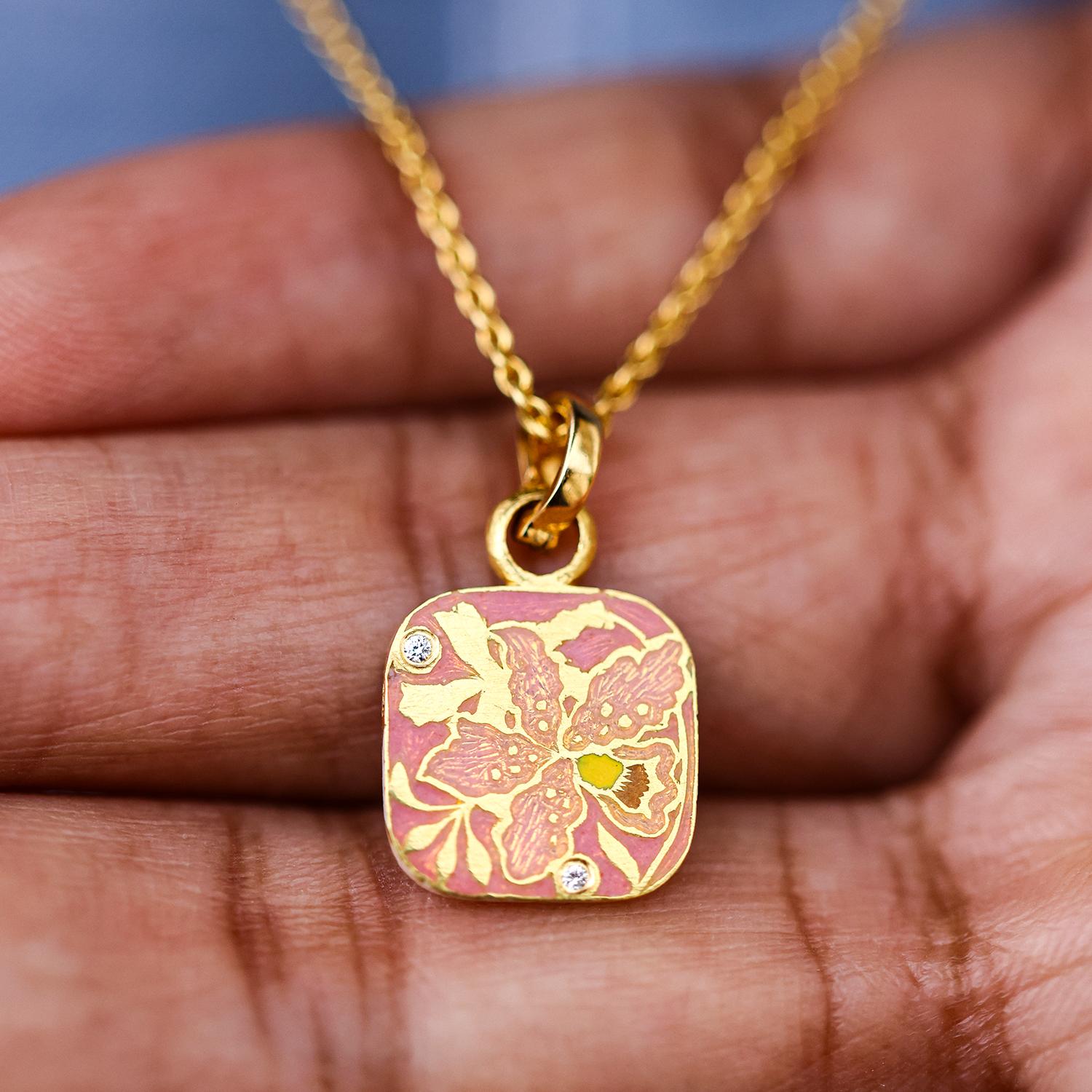 22K Gold Pink Enamel & Diamond Reversible Orchid Charm Pendant Handmade by Agaro For Sale 1