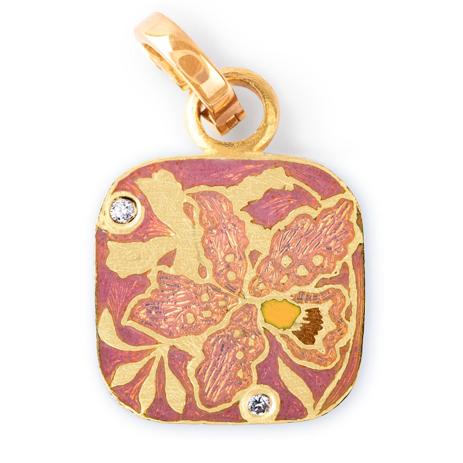 Artisan 22K Gold Pink Enamel & Diamond Reversible Orchid Charm Pendant Handmade by Agaro For Sale