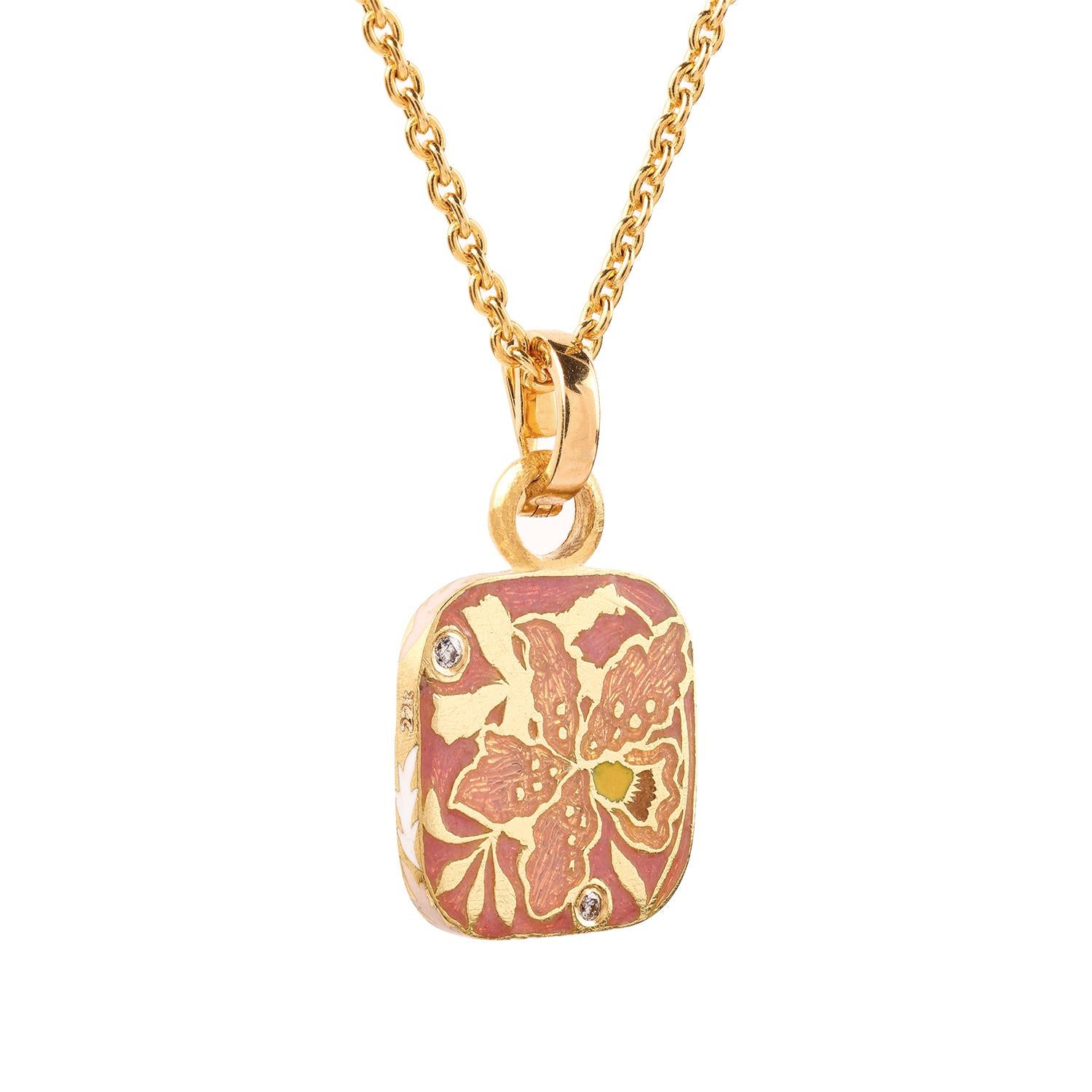 22K Gold Pink Enamel & Diamond Reversible Orchid Charm Pendant Handmade by Agaro In New Condition For Sale In New York, NY