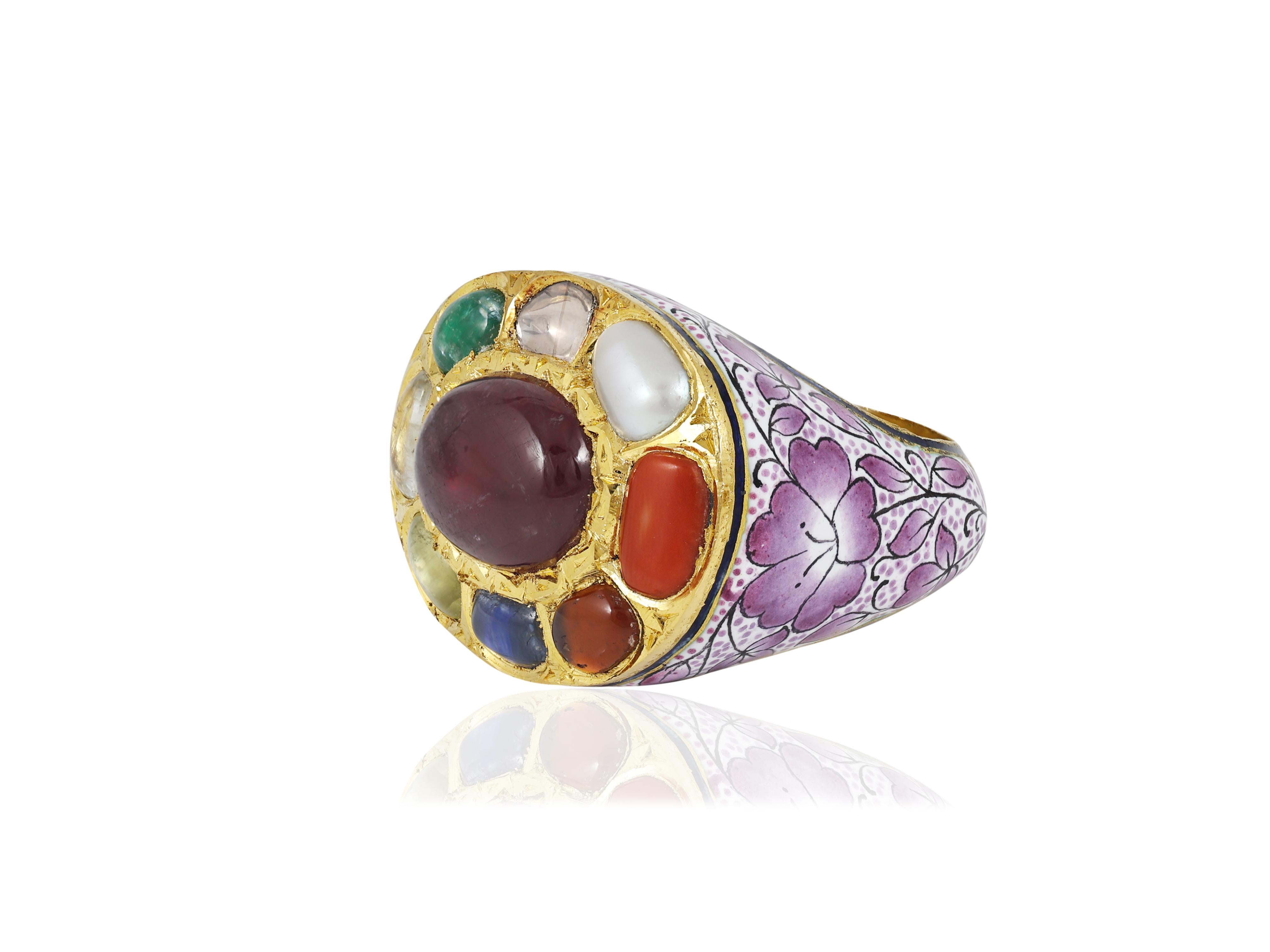 Cabochon 22K gold pink green enamel nine precious gemstones (navratna) Mughal ring For Sale