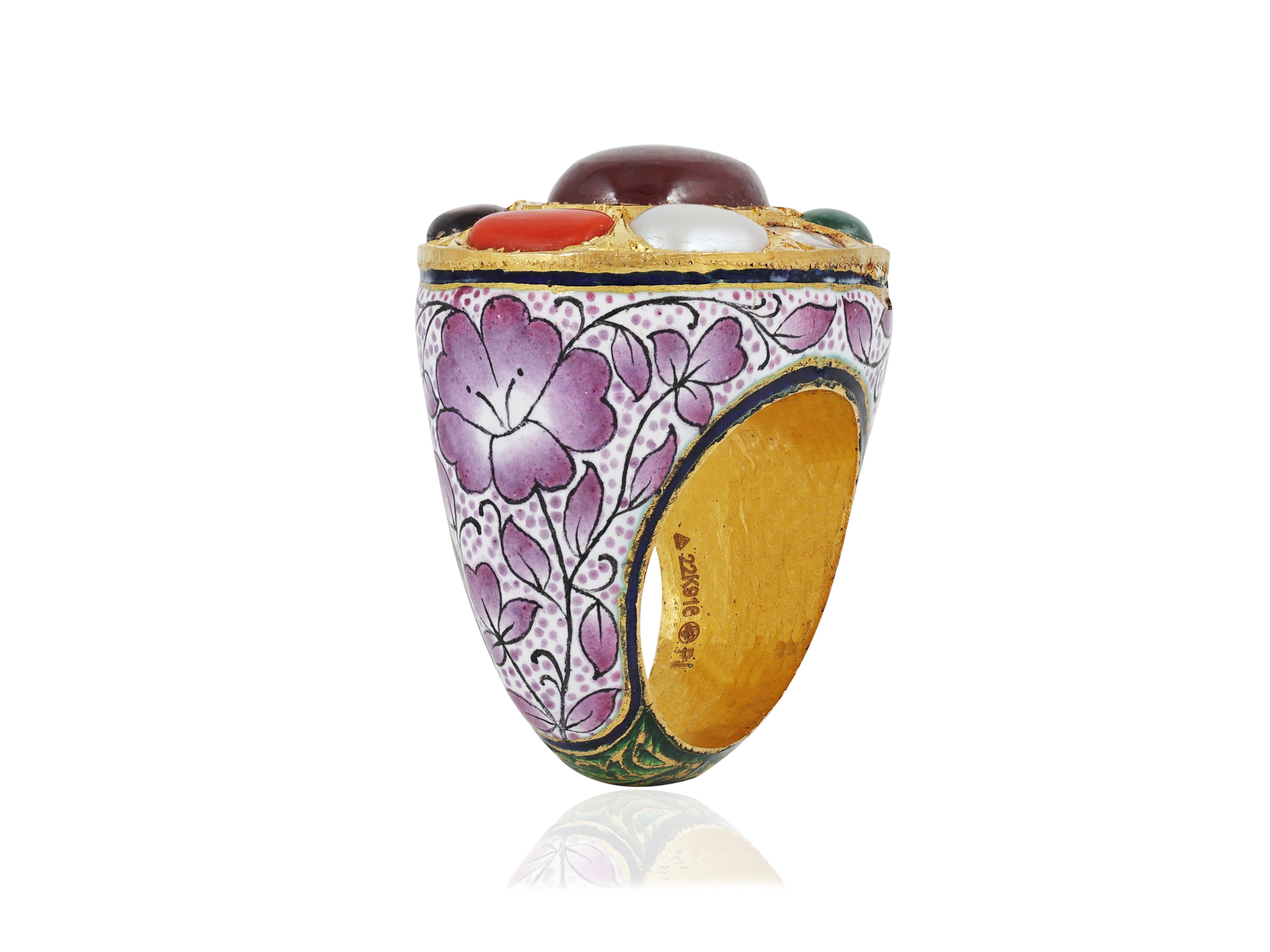 22K gold pink green enamel nine precious gemstones (navratna) Mughal ring For Sale 2