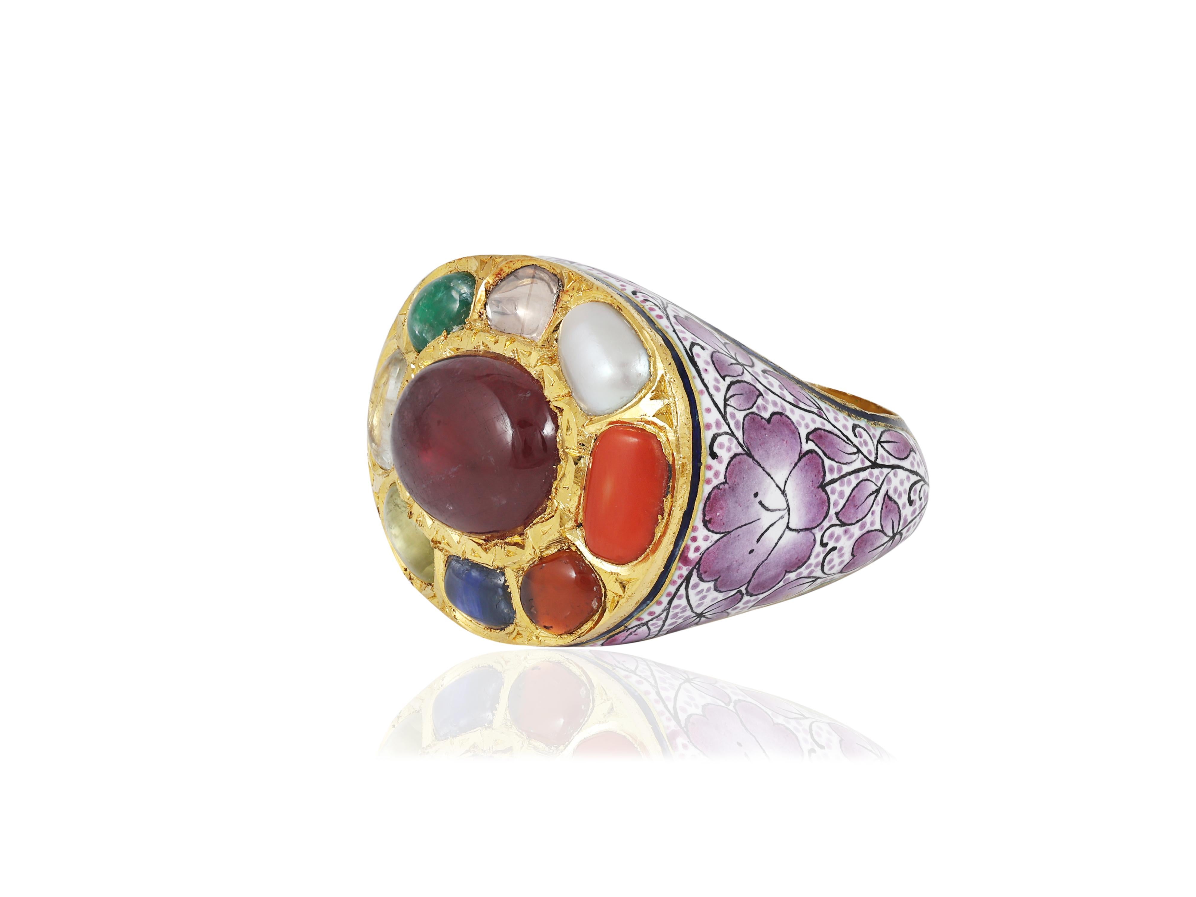 22K gold pink green enamel nine precious gemstones (navratna) Mughal ring For Sale 3