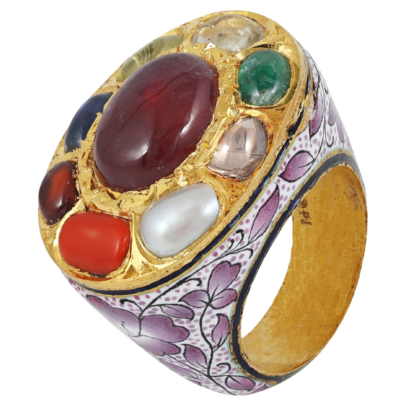 22K gold pink green enamel nine precious gemstones (navratna) Mughal ring