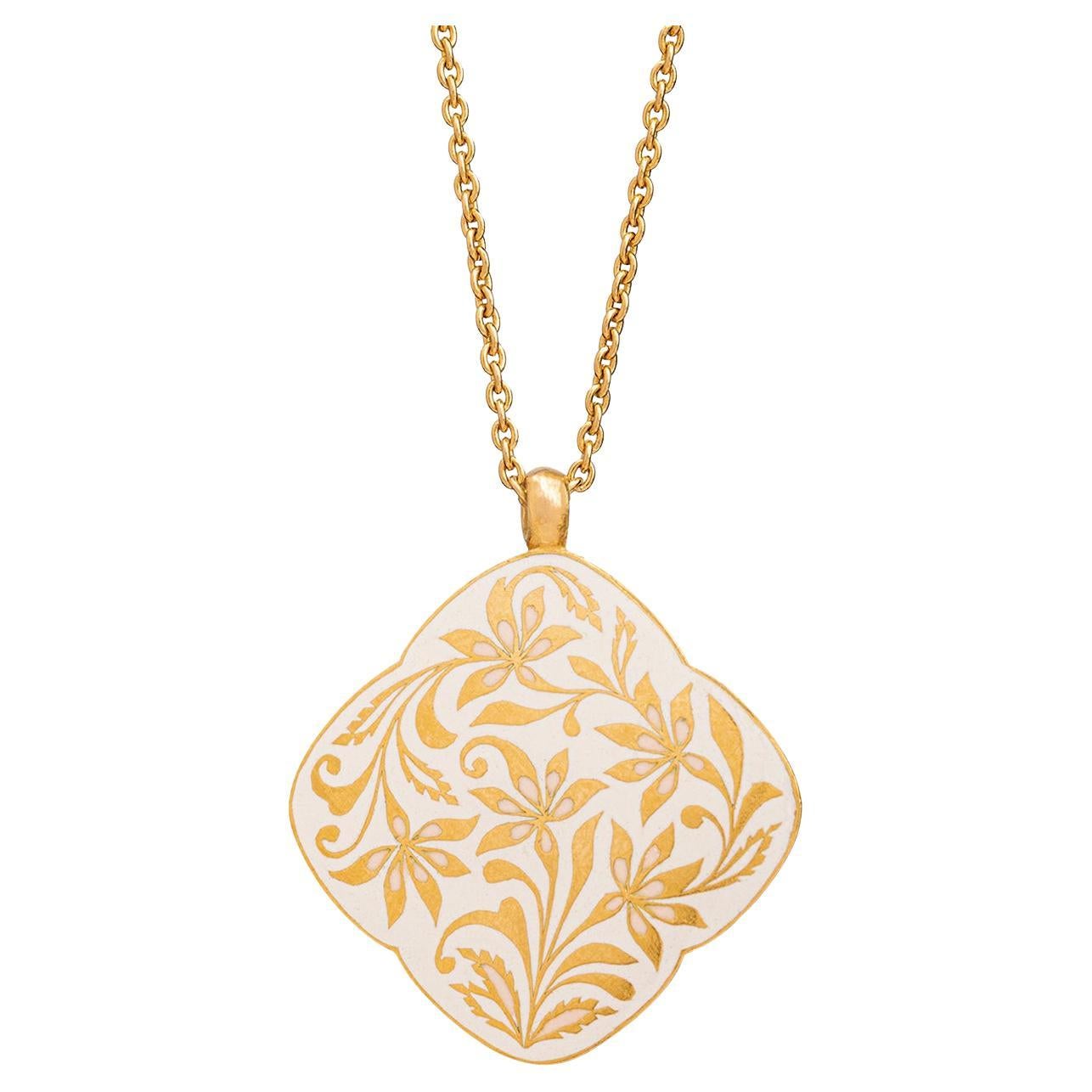 Artisan 22K Gold Rose Cut Diamond and Floral Enamel Pendant Necklace Handmade by Agaro