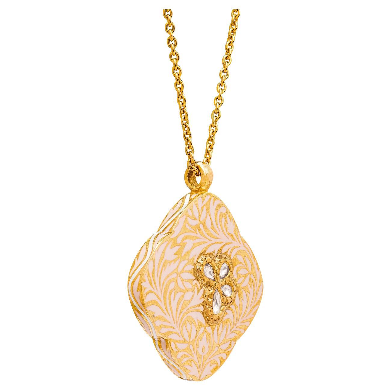 Women's or Men's 22K Gold Rose Cut Diamond and Floral Enamel Pendant Necklace Handmade by Agaro