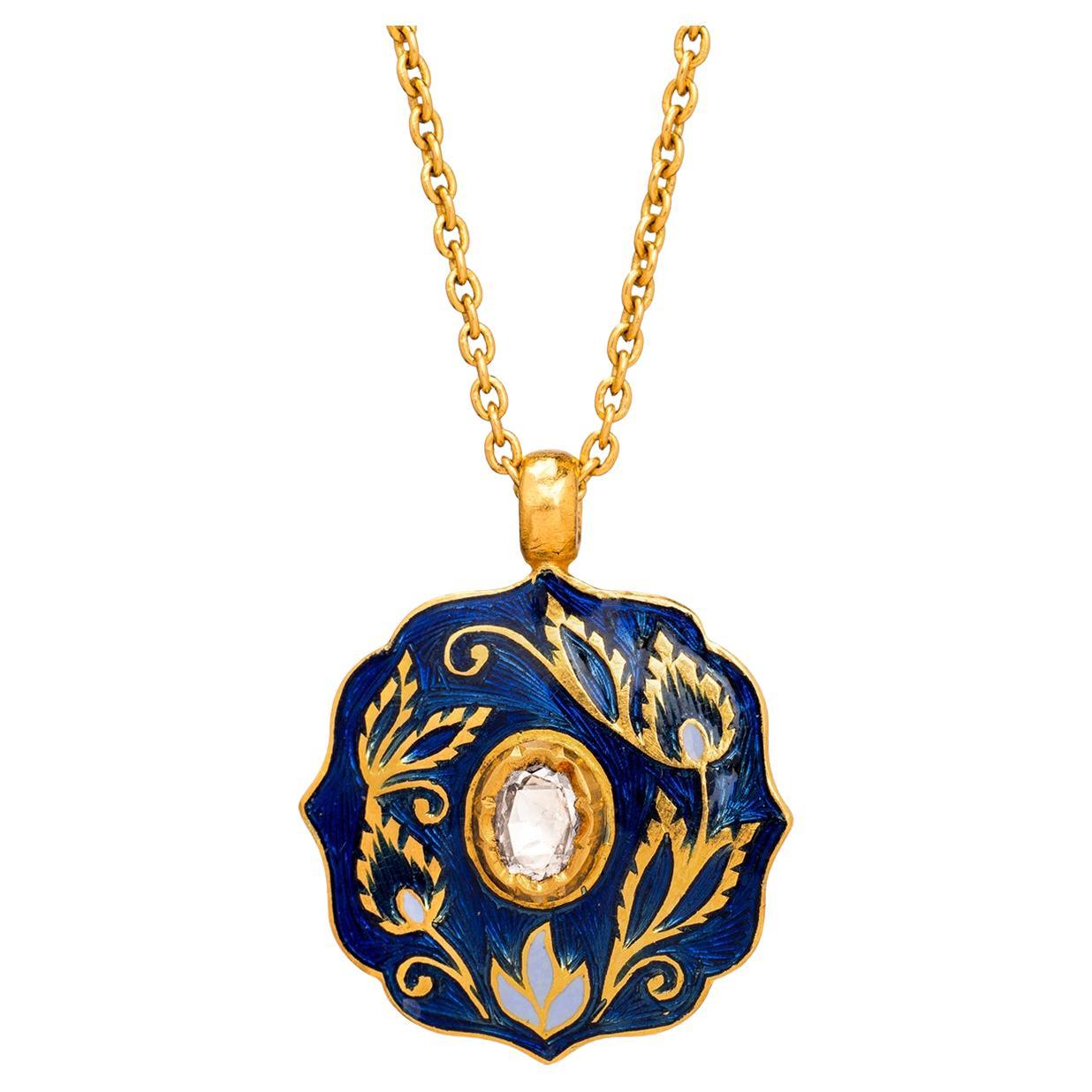 Artisan 22K Gold Rose Cut Diamond Blue Floral Enamel Pendant Necklace Handmade by Agaro