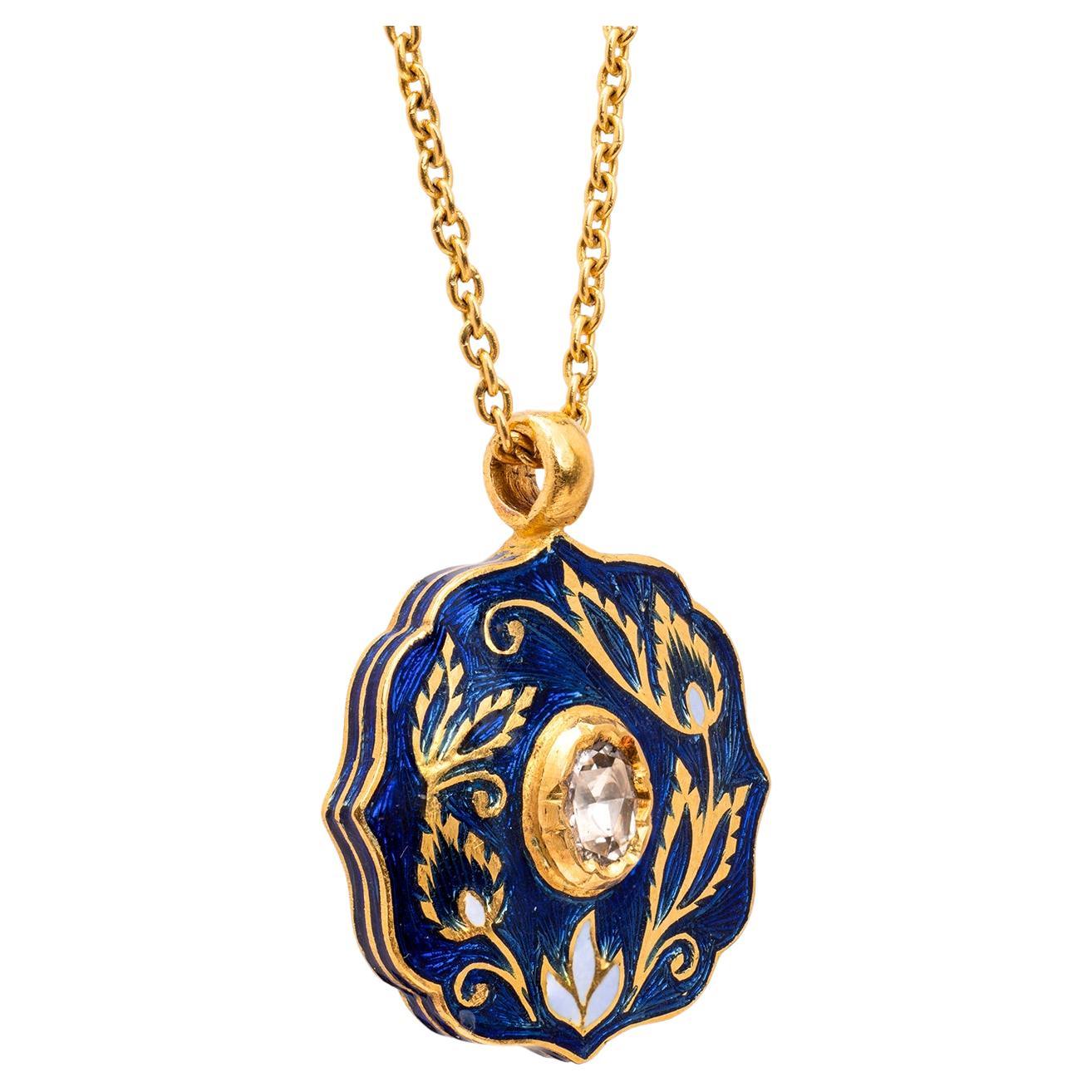 22K Gold Rose Cut Diamond Blue Floral Enamel Pendant Necklace Handmade by Agaro In New Condition In New York, NY
