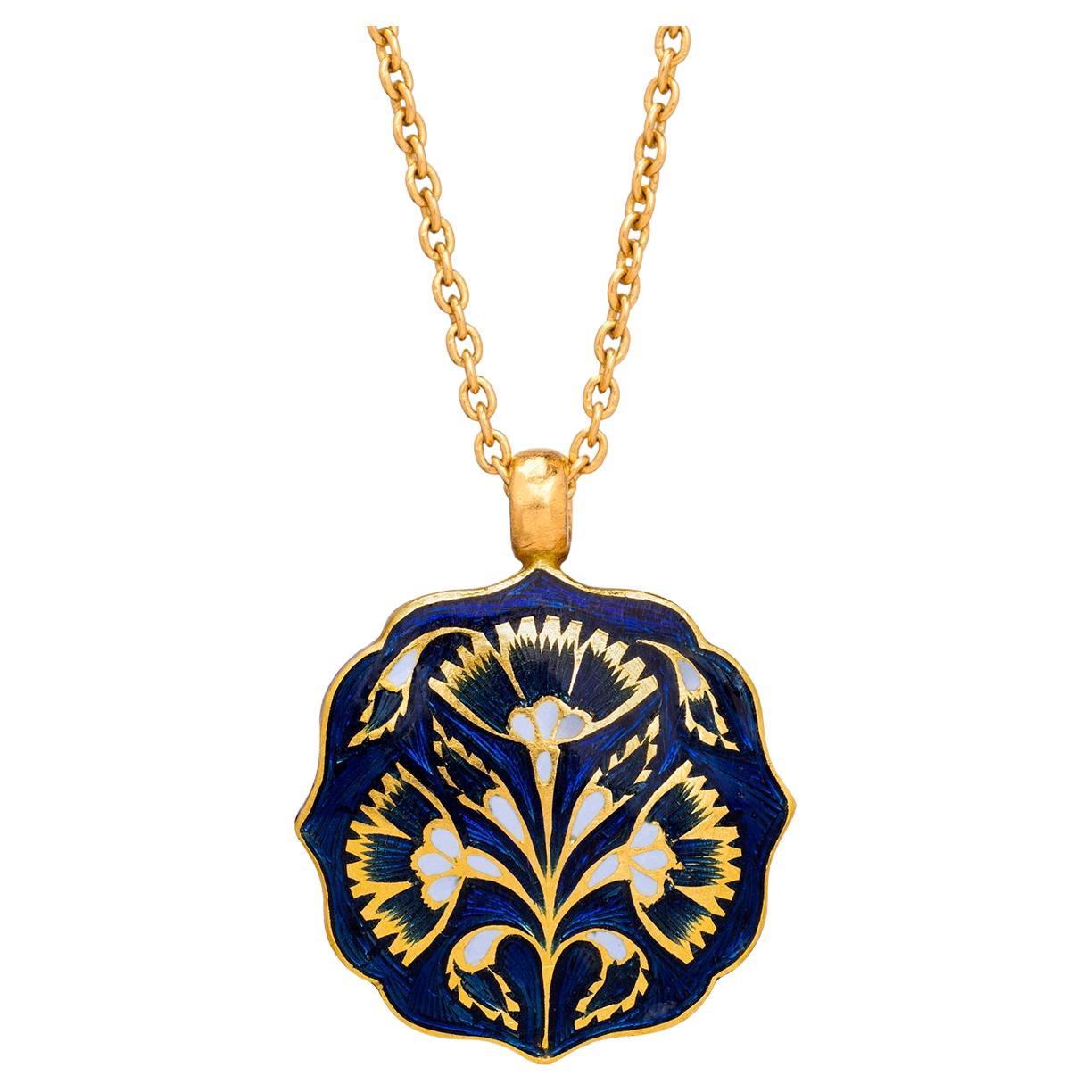 Women's or Men's 22K Gold Rose Cut Diamond Blue Floral Enamel Pendant Necklace Handmade by Agaro
