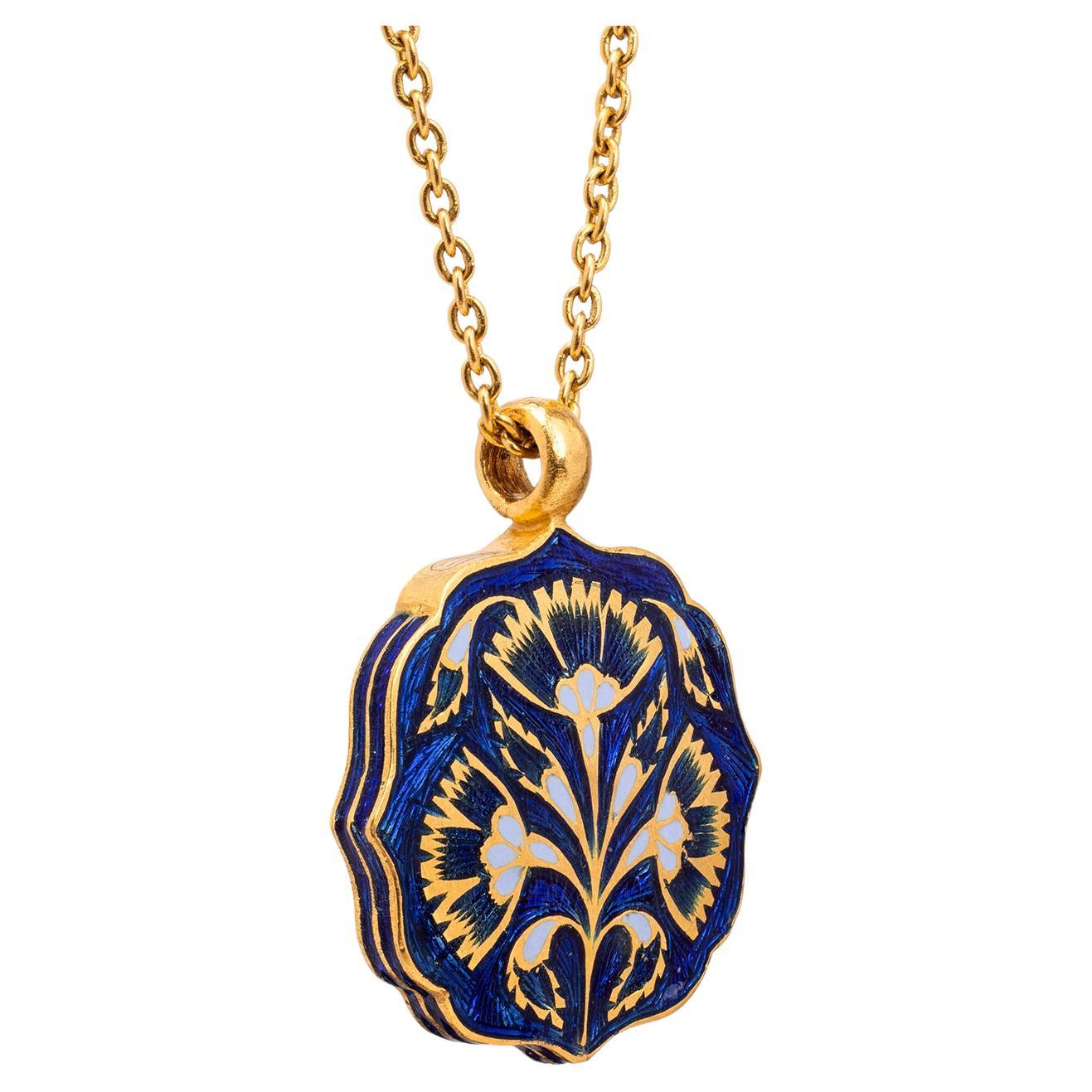 22K Gold Rose Cut Diamond Blue Floral Enamel Pendant Necklace Handmade by Agaro 1