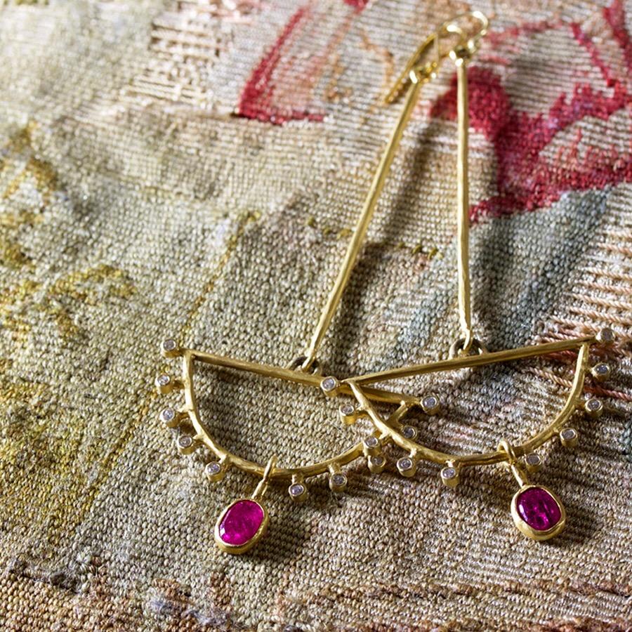 Artisan Margery Hirschey 22 Karat Gold Ruby and Diamond Fan Earrings For Sale