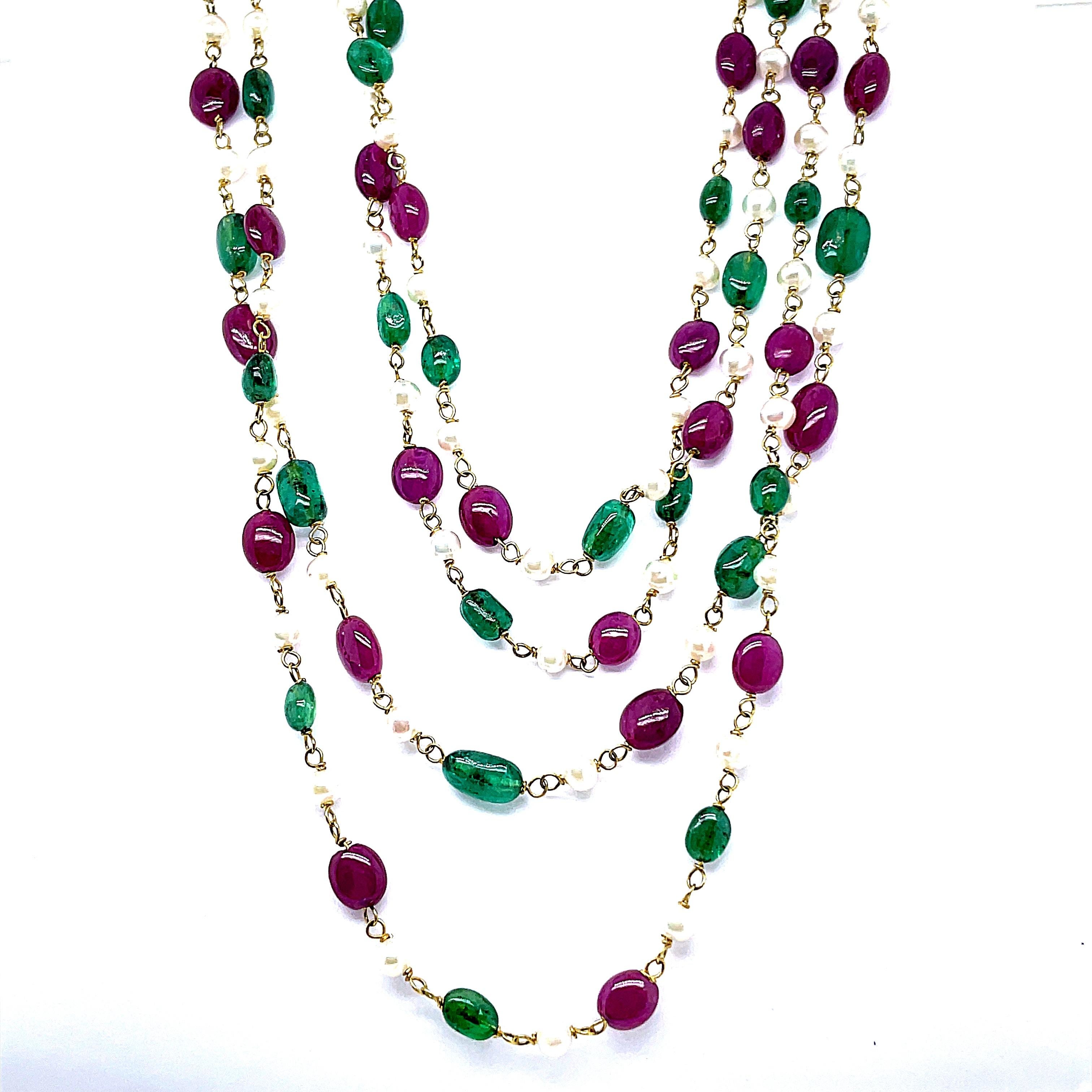 Halskette aus 22 Karat Gold Rubin und Smaragd Perlen Cts 84,04 Perlen Damen im Angebot
