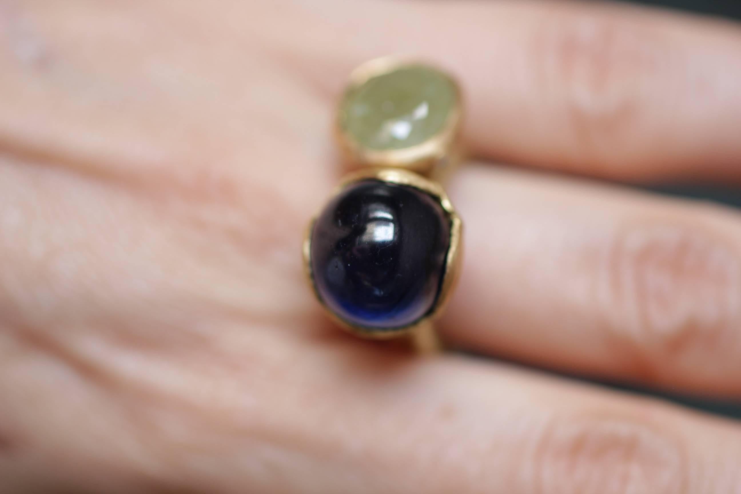  Sapphire Cab Blue Black Diamonds 21K-18K Gold Cocktail Dome Handmade Ring 11