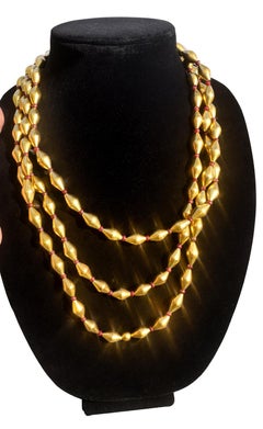 22k Gold Silver Oval Dholki Beads and Ruby Beads 3 line necklace Indian Tribal