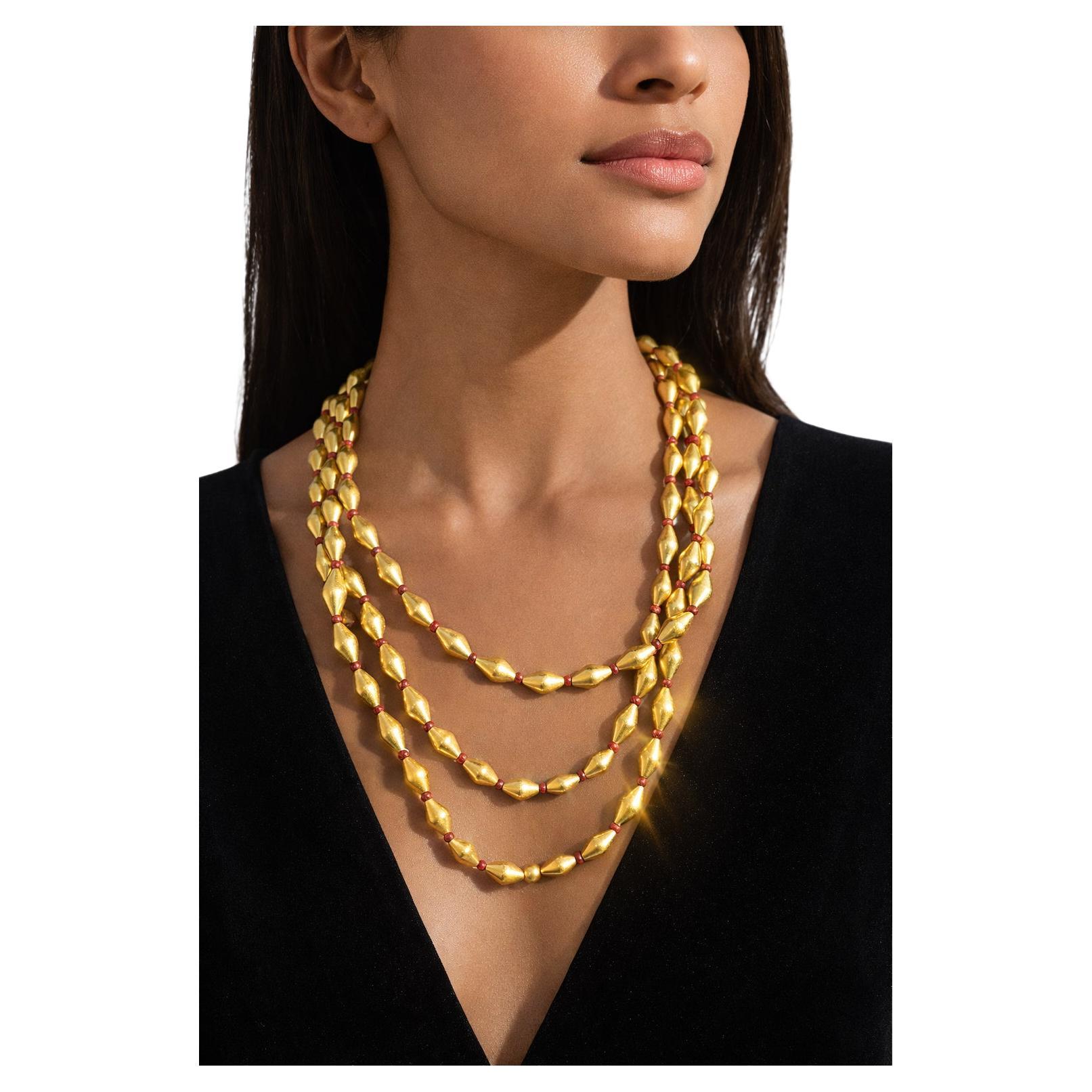 22k Gold Silver Oval Dholki Beads and Ruby Beads 3 line necklace Indian Tribal For Sale