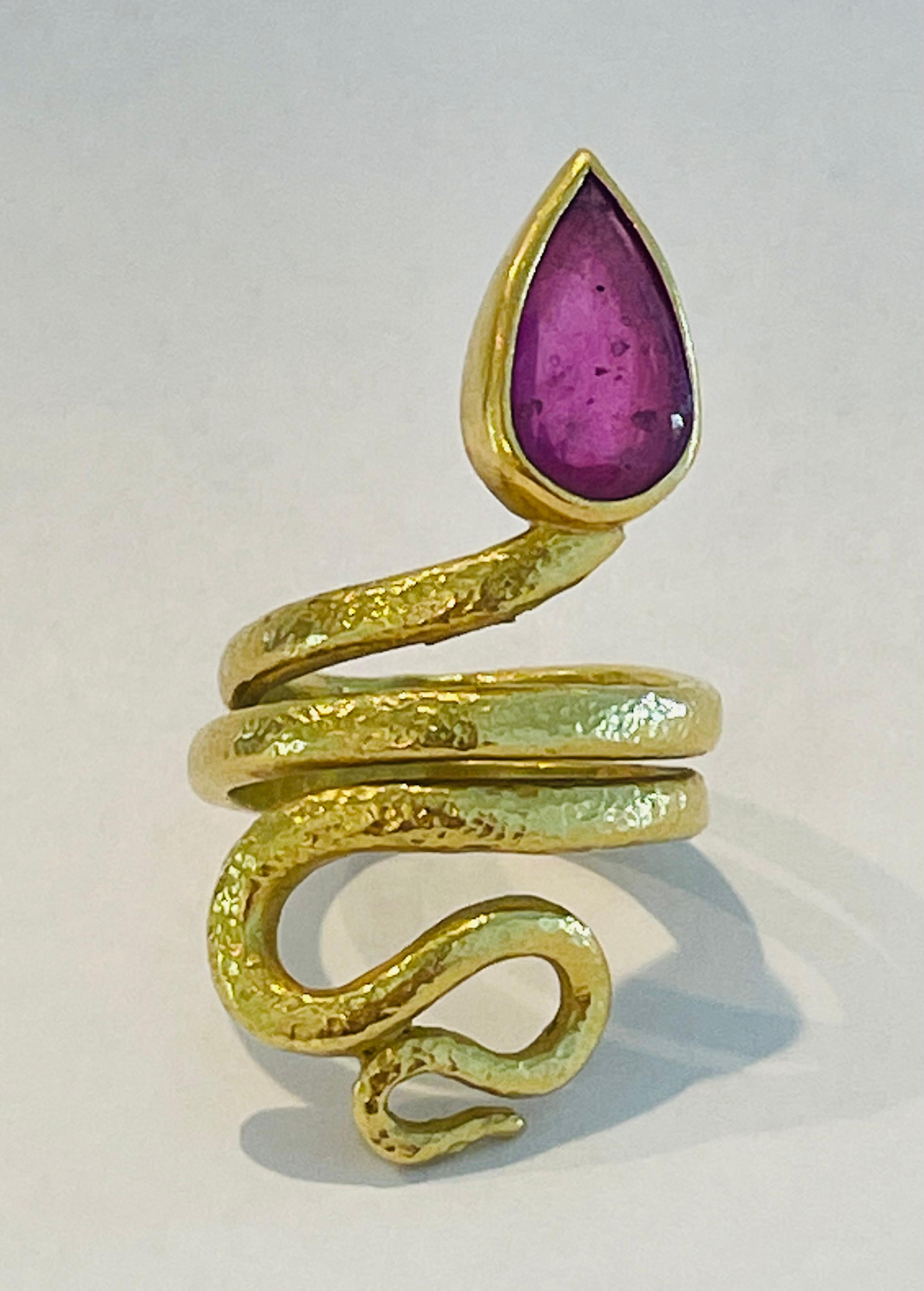 Artisan 22k Gold Snake Hammered Texture Ring with Ruby Head