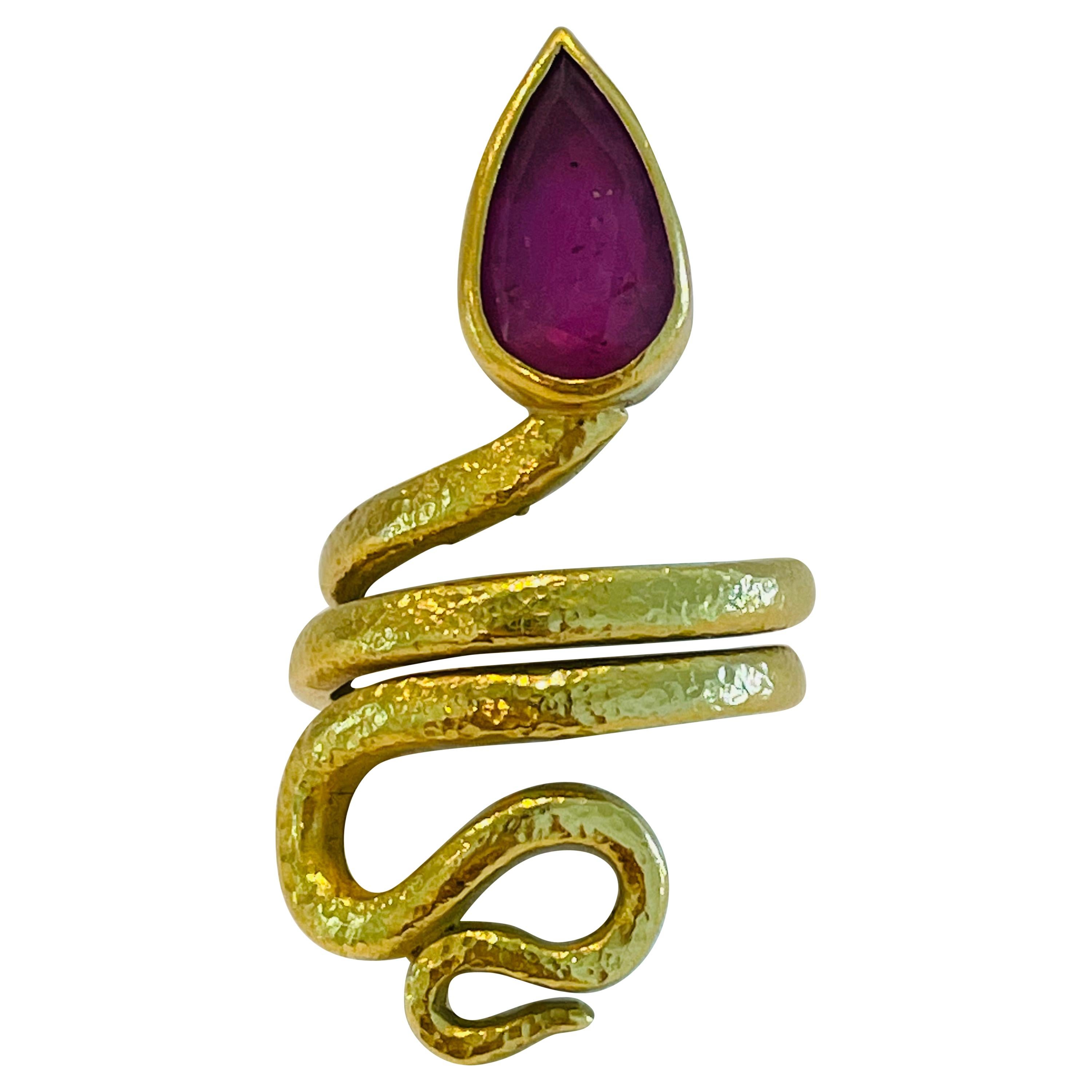 22k Gold Snake Hammered Texture Ring with Ruby Head