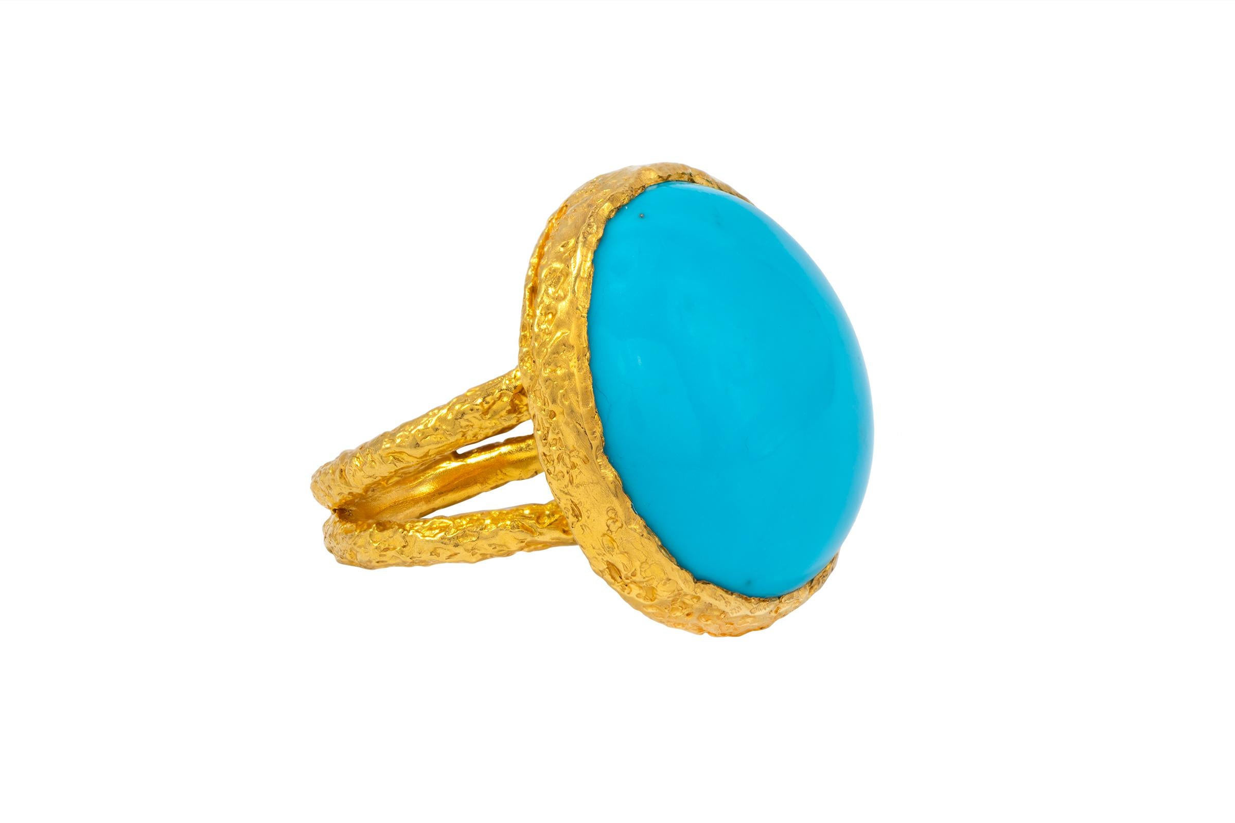 Artisan 22k Gold Summer Signature Turquoise Cocktail Ring by Tagili For Sale