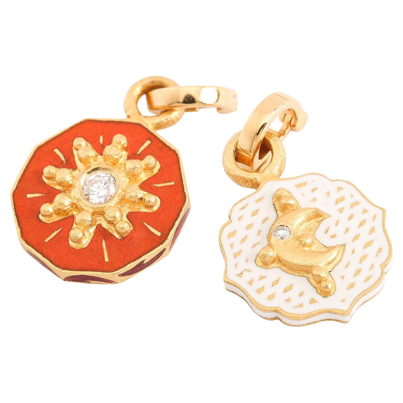 22K Gold Sun and Moon Enamel Charm Pendants Handmade by Agaro, Set of 2 For Sale