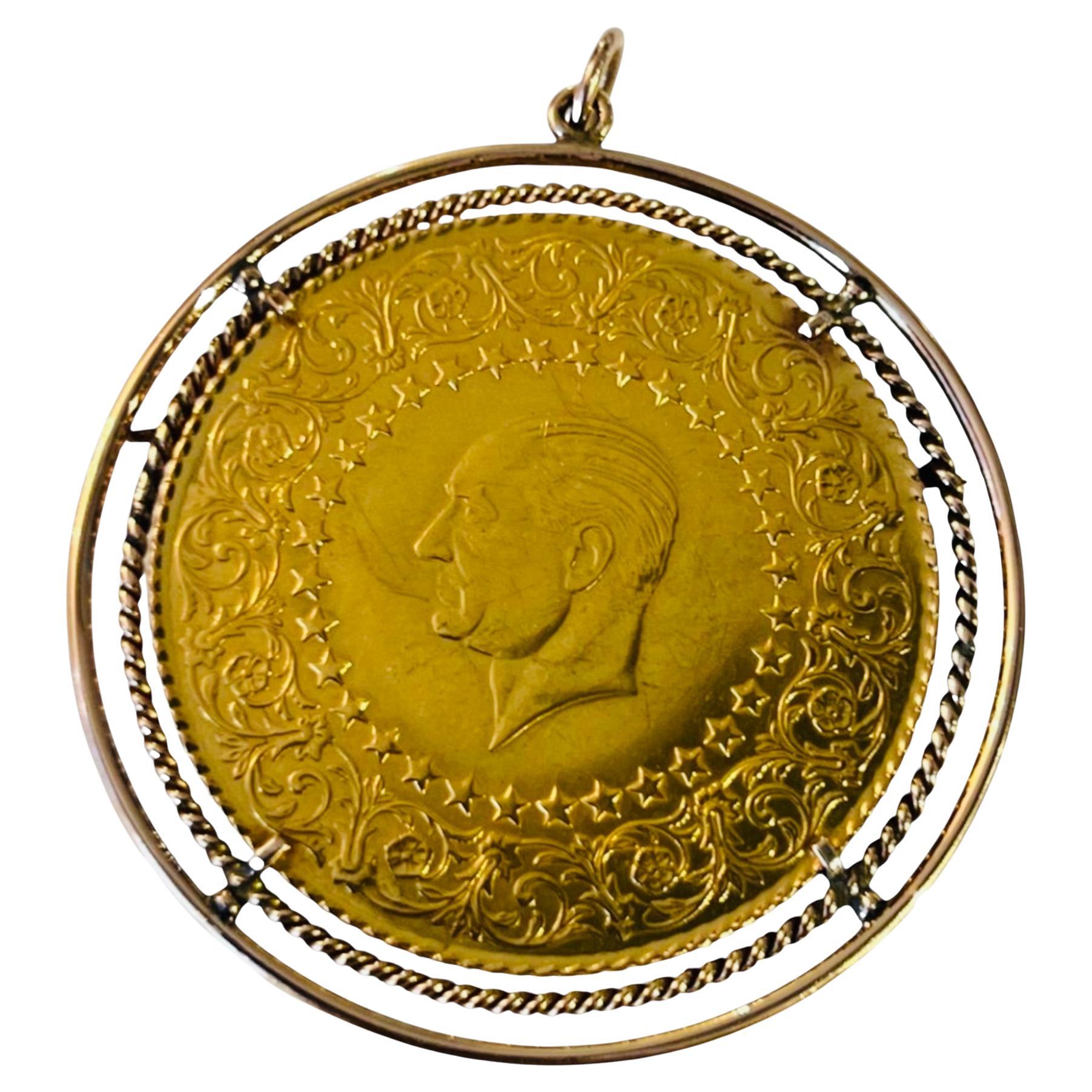 22K Gold Turkey Kurus 1964 Coin Pendant For Sale