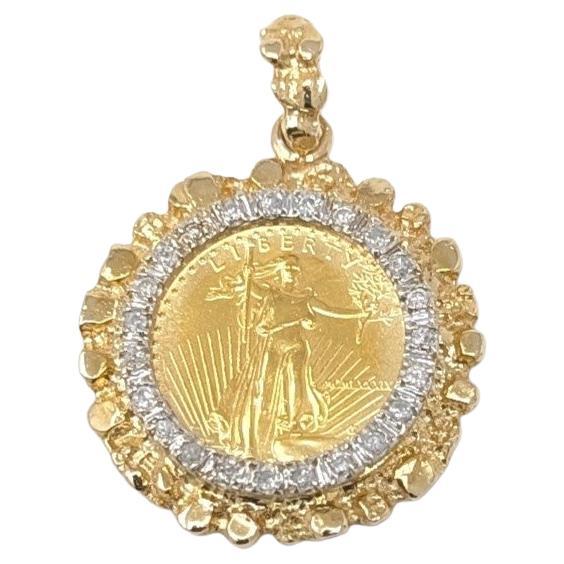 Colgante de oro de 22 quilates con moneda de 5 dólares de EE.UU. Lady Liberty en marco de oro con diamantes de 14 quilates