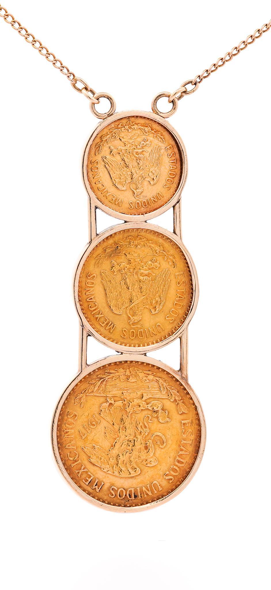 Hellenistic 22k Gold USA Peso Coin Bezel Graduating Pendant Necklace - 20, 10, 5 Peso For Sale