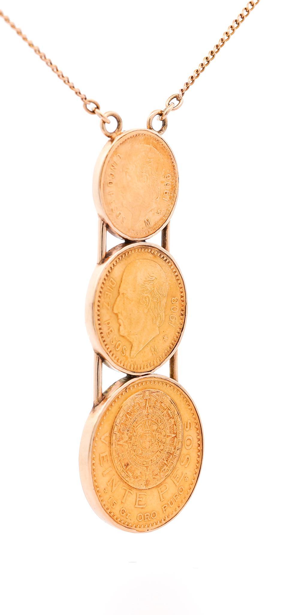 Women's or Men's 22k Gold USA Peso Coin Bezel Graduating Pendant Necklace - 20, 10, 5 Peso For Sale