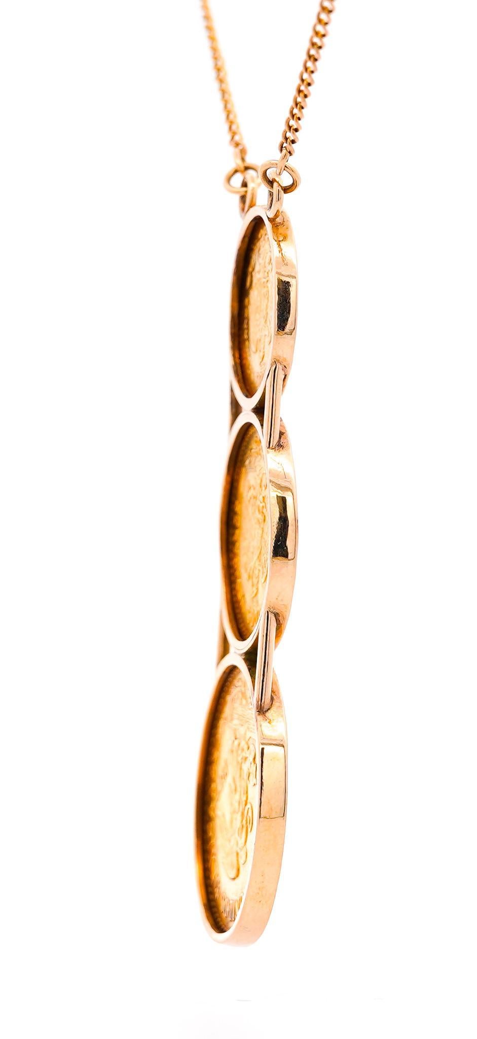 22k Gold USA Peso Coin Bezel Graduating Pendant Necklace - 20, 10, 5 Peso For Sale 2