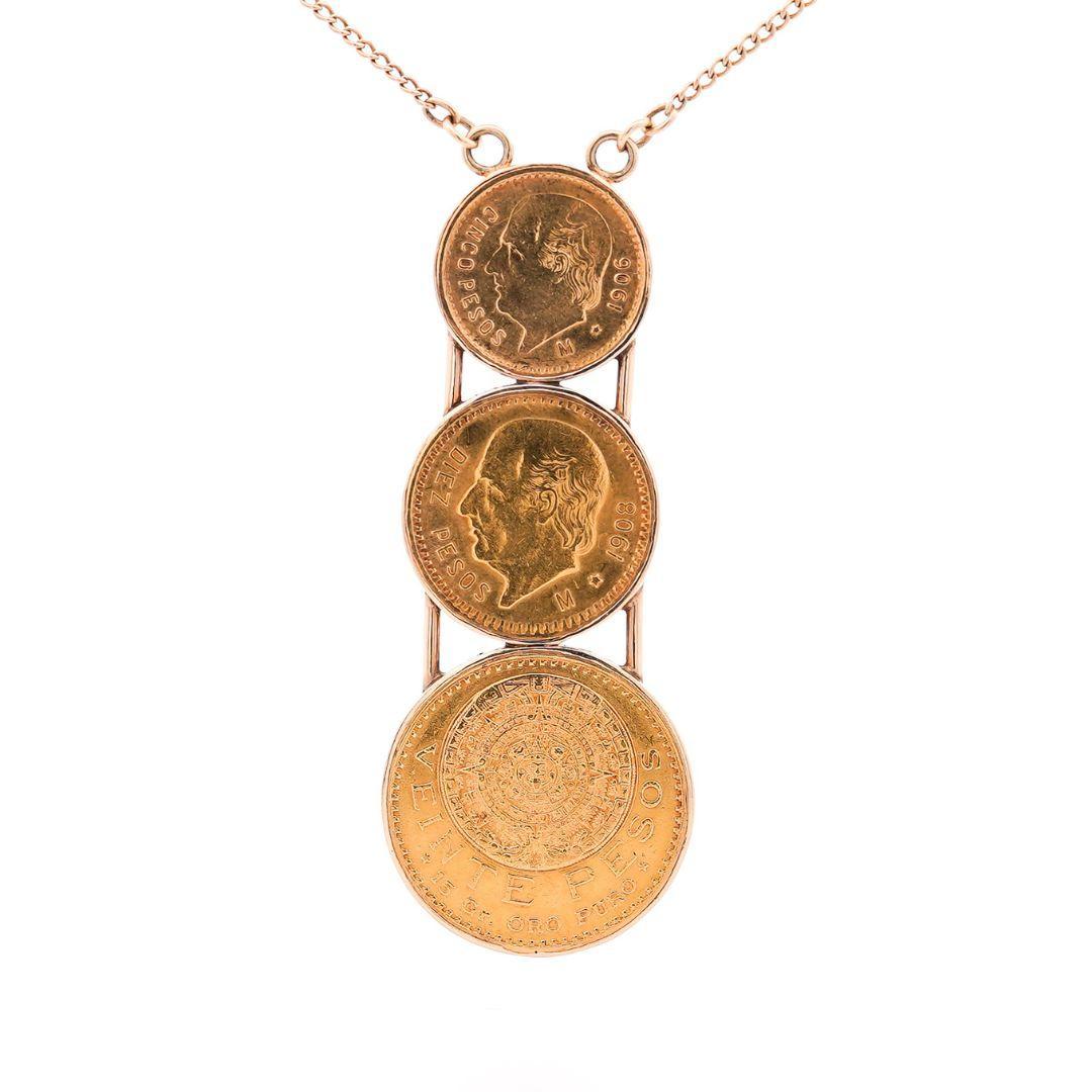 22k Gold USA Peso Coin Bezel Graduating Pendant Necklace - 20, 10, 5 Peso For Sale 3