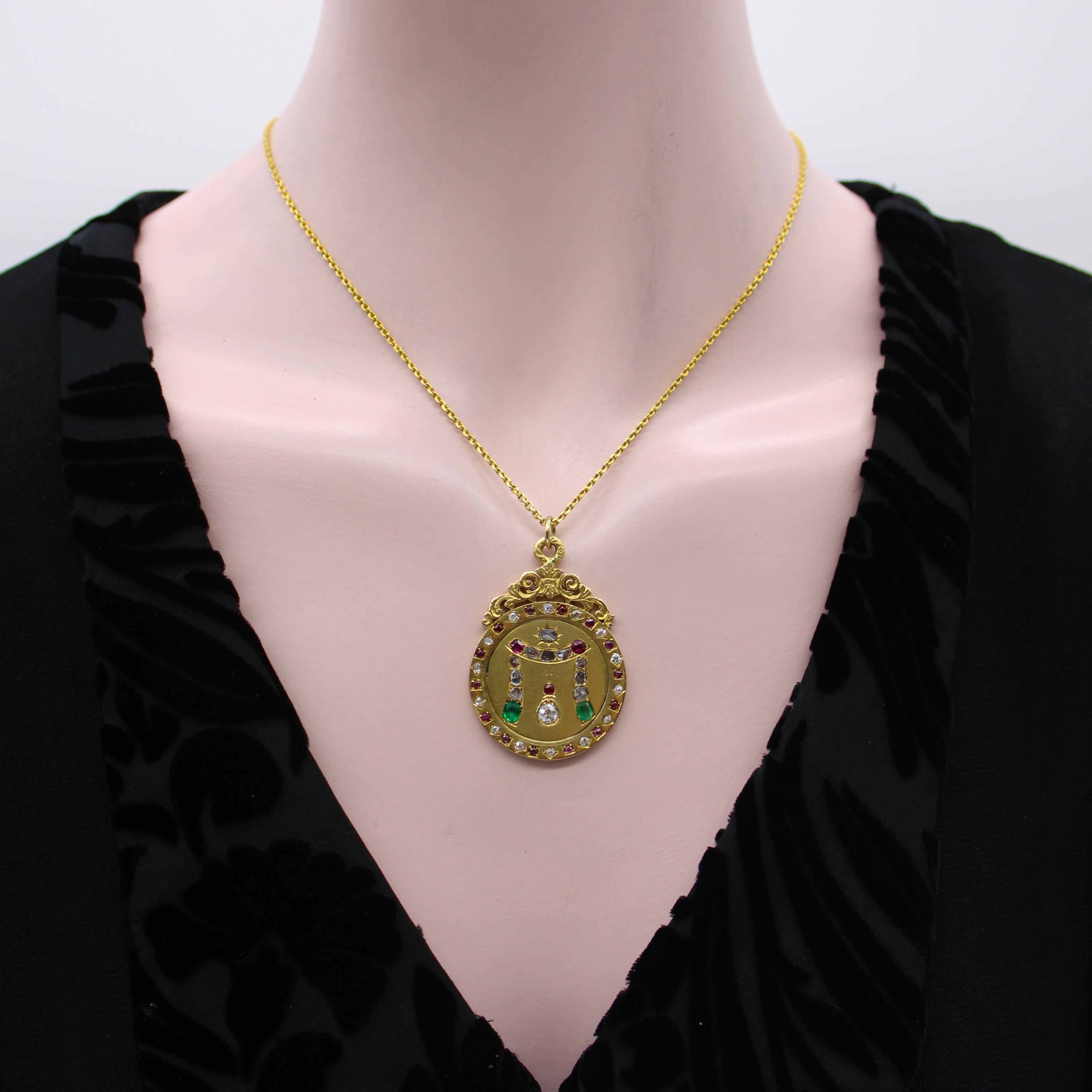 Early Victorian 22K Gold Victorian Diamond Ruby and Emerald Curtain Pendant  For Sale