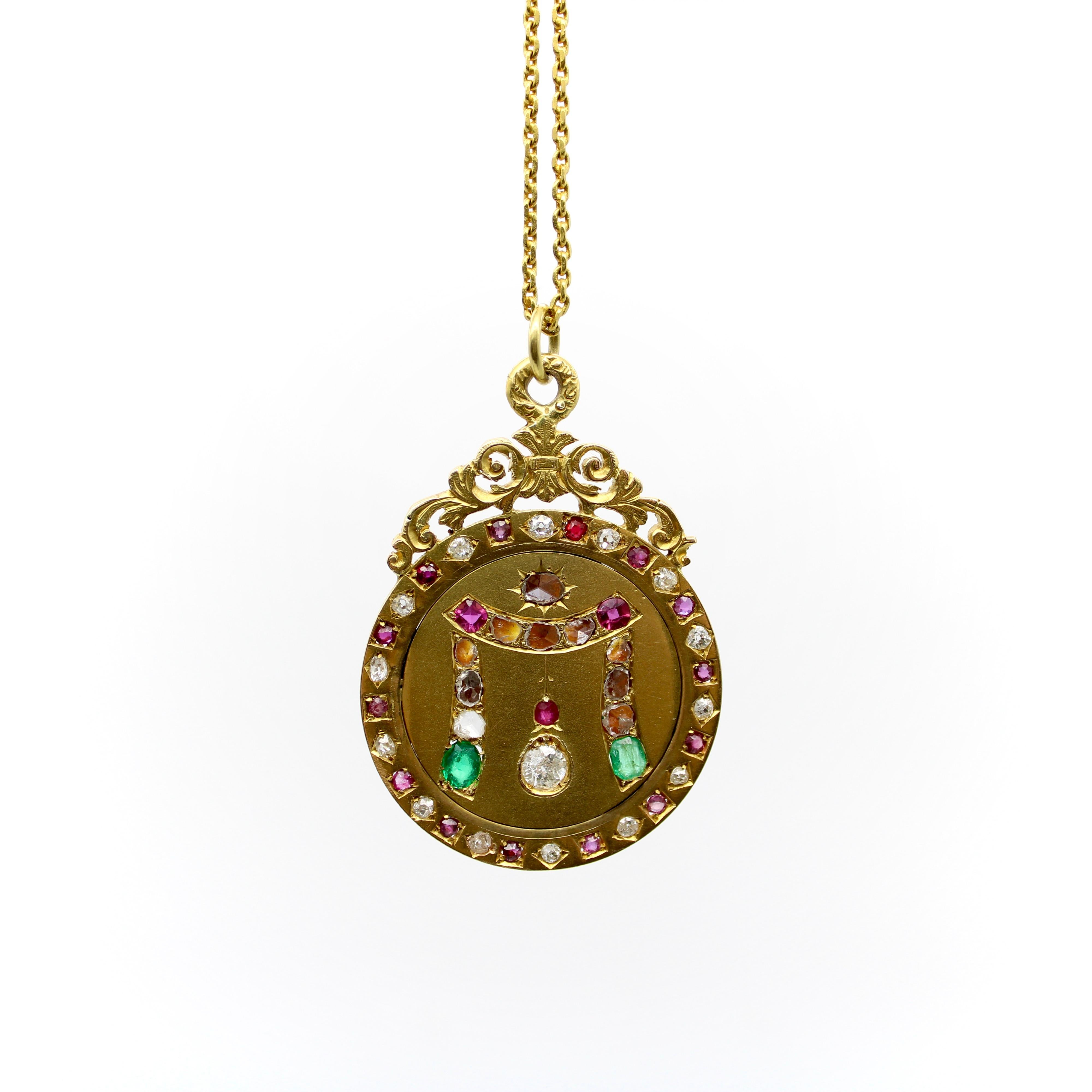 Old Mine Cut 22K Gold Victorian Diamond Ruby and Emerald Curtain Pendant  For Sale