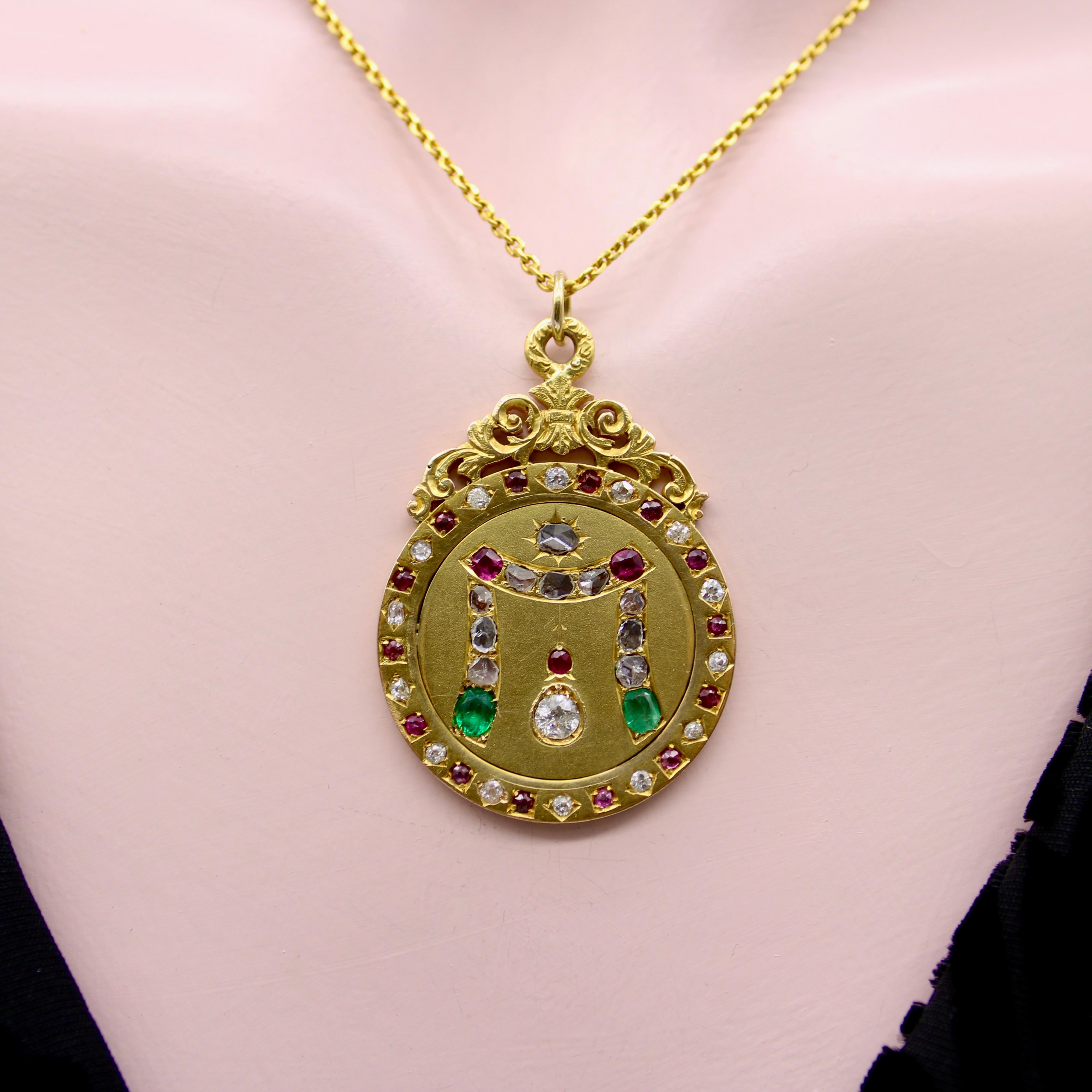 22K Gold Victorian Diamond Ruby and Emerald Curtain Pendant  In Good Condition For Sale In Venice, CA