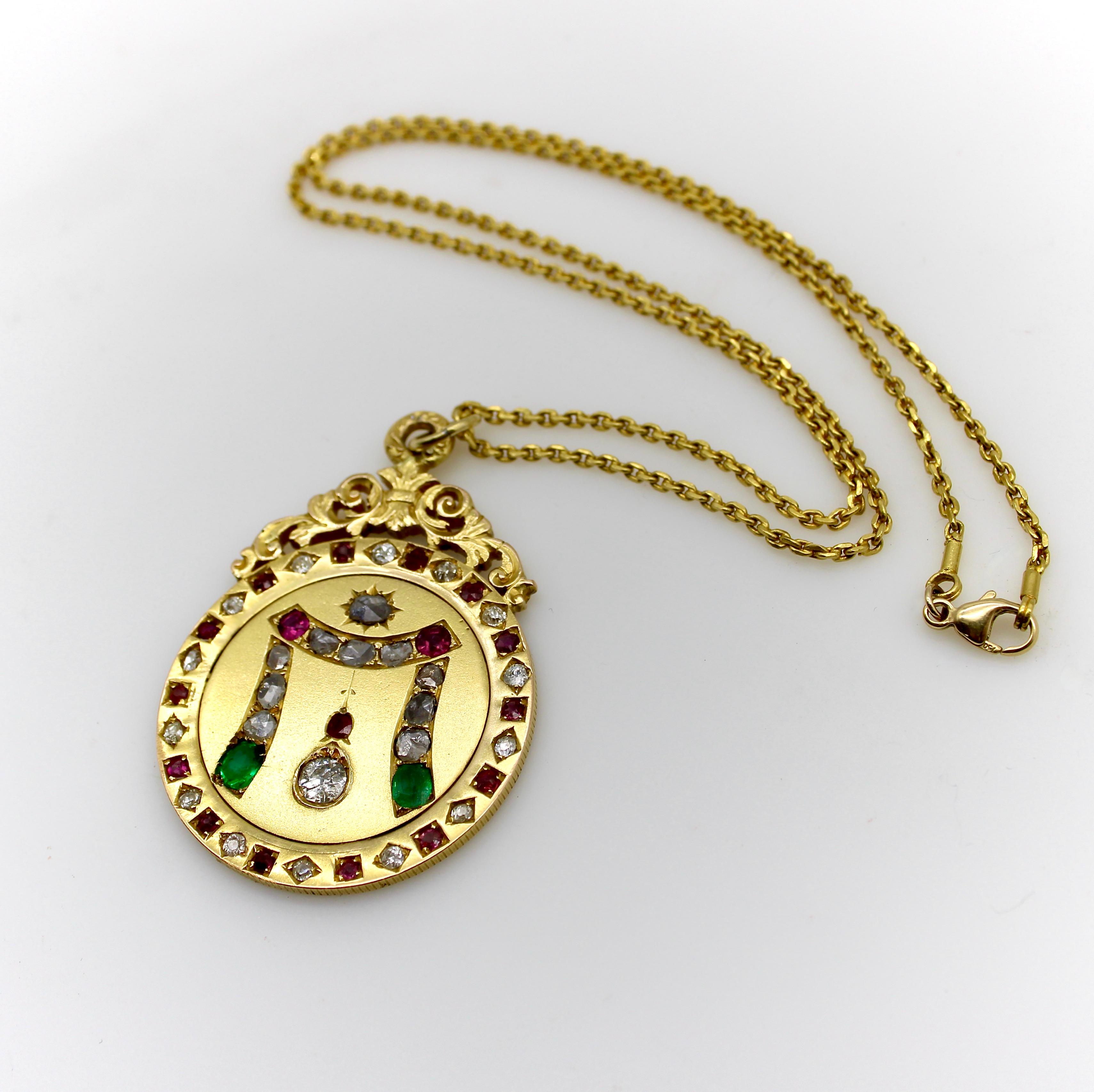 22K Gold Victorian Diamond Ruby and Emerald Curtain Pendant  For Sale 1