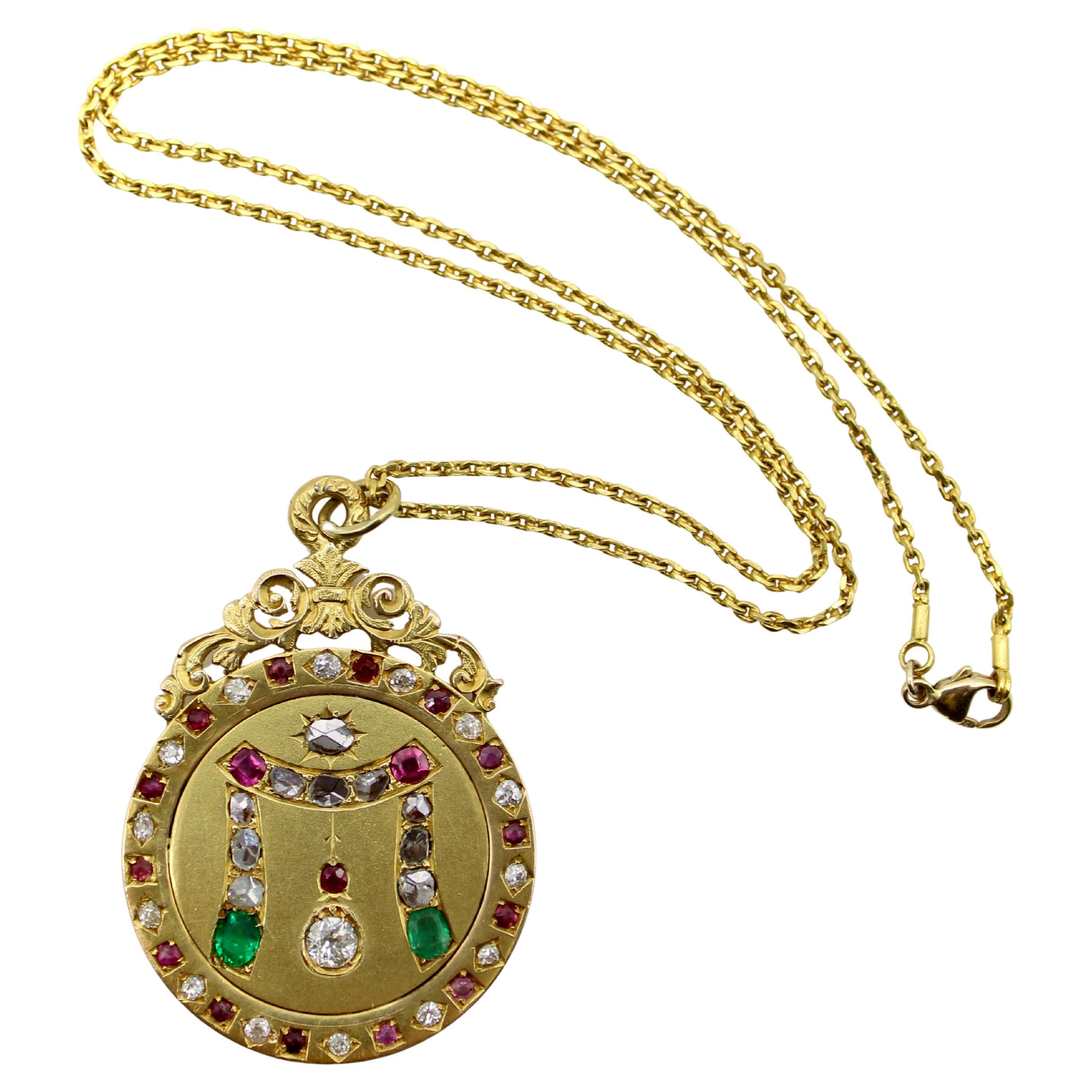 22K Gold Victorian Diamond Ruby and Emerald Curtain Pendant  For Sale