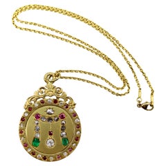 Antique 22K Gold Victorian Diamond Ruby and Emerald Curtain Pendant 