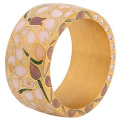 22K Gold Cigar Band Ring Hand Engraved with Enamel and Diamonds by Agaro Jewels