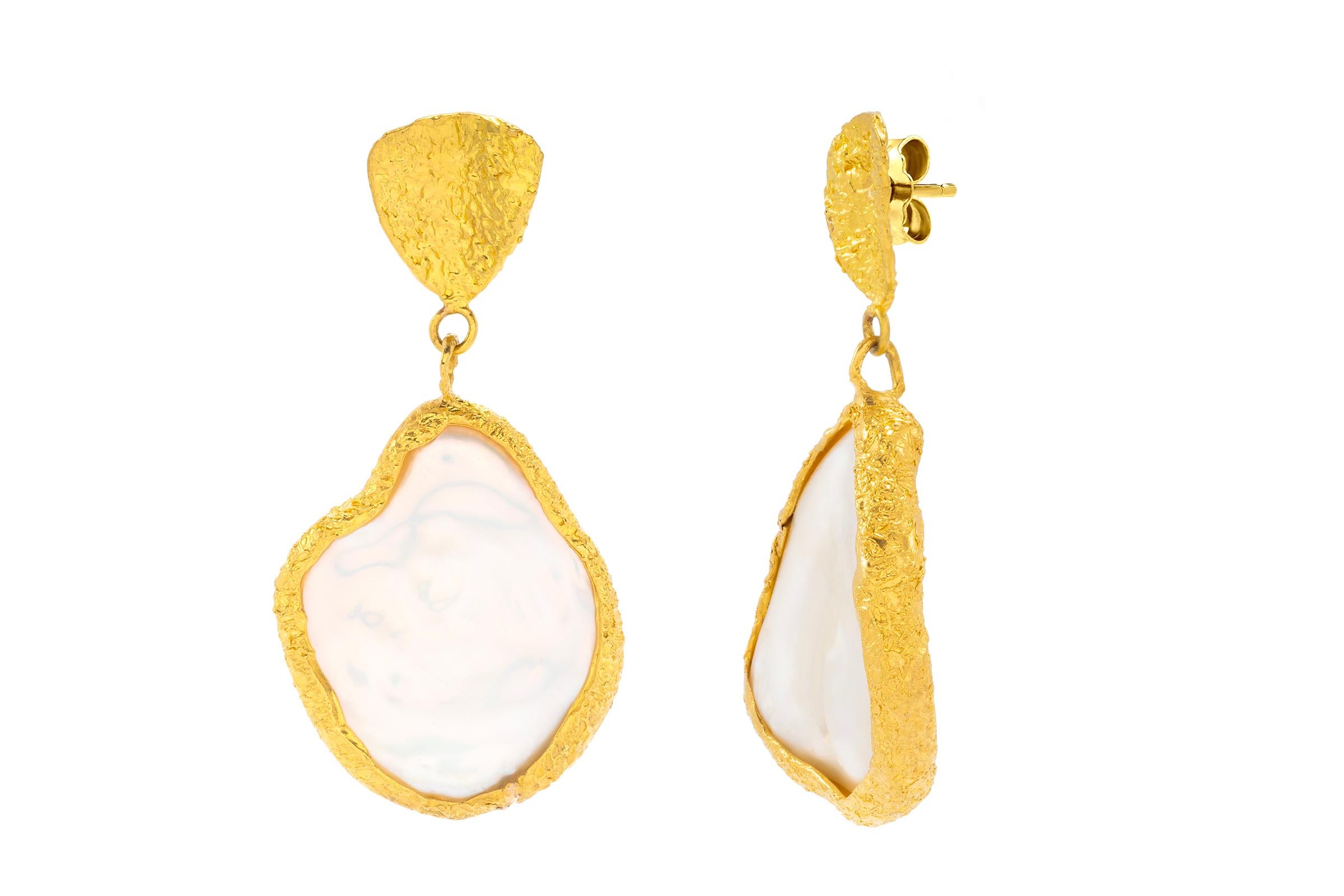 Artisan 22k Gold Pearl Teardrop Earrings by Tagili For Sale